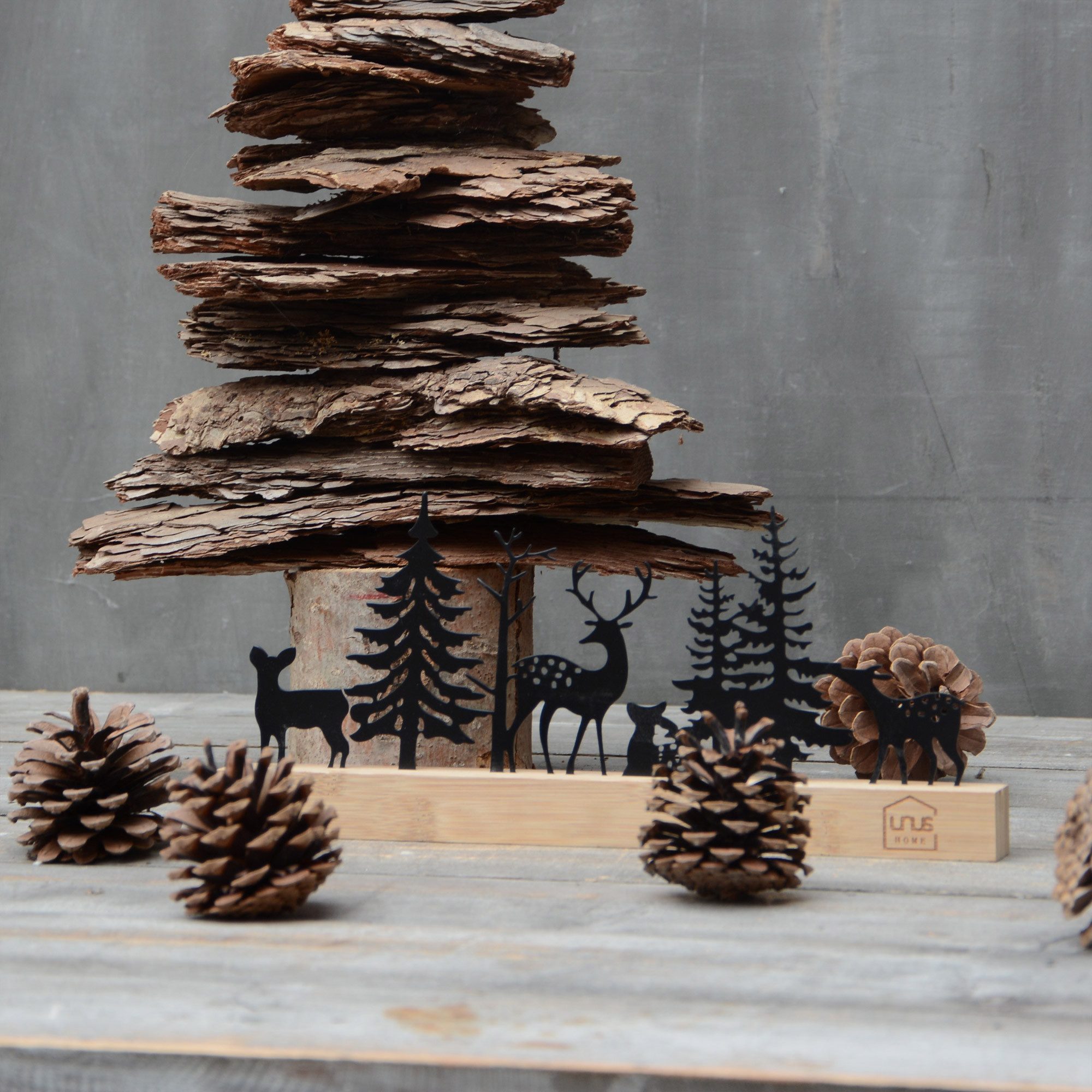 UNUS HOME Dekofigur Aufsteller Wald Hirsch, Rehe Silhouette (schwarz), Wald-Silhouette aus Metall und Bambus-Holz Wohndekoration – Bild 2 von 4