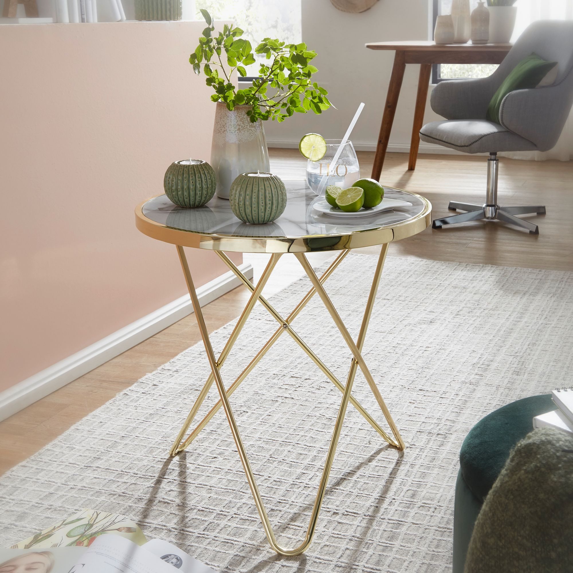 FINEBUY Beistelltisch Design Couchtisch Mamor Optik Weiß Ø55cm Gold Wohnzim günstig online kaufen
