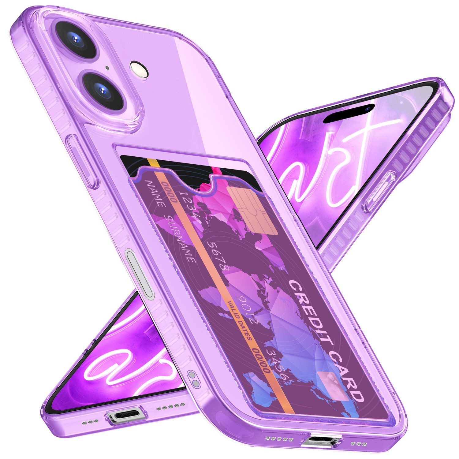 Nalia Smartphone-Hülle Apple iPhone 16 15,5 cm (6,1 Zoll), Klare Neon Silikon Hülle mit Kartenfach / Durchsichtig Bunt Leuchtend