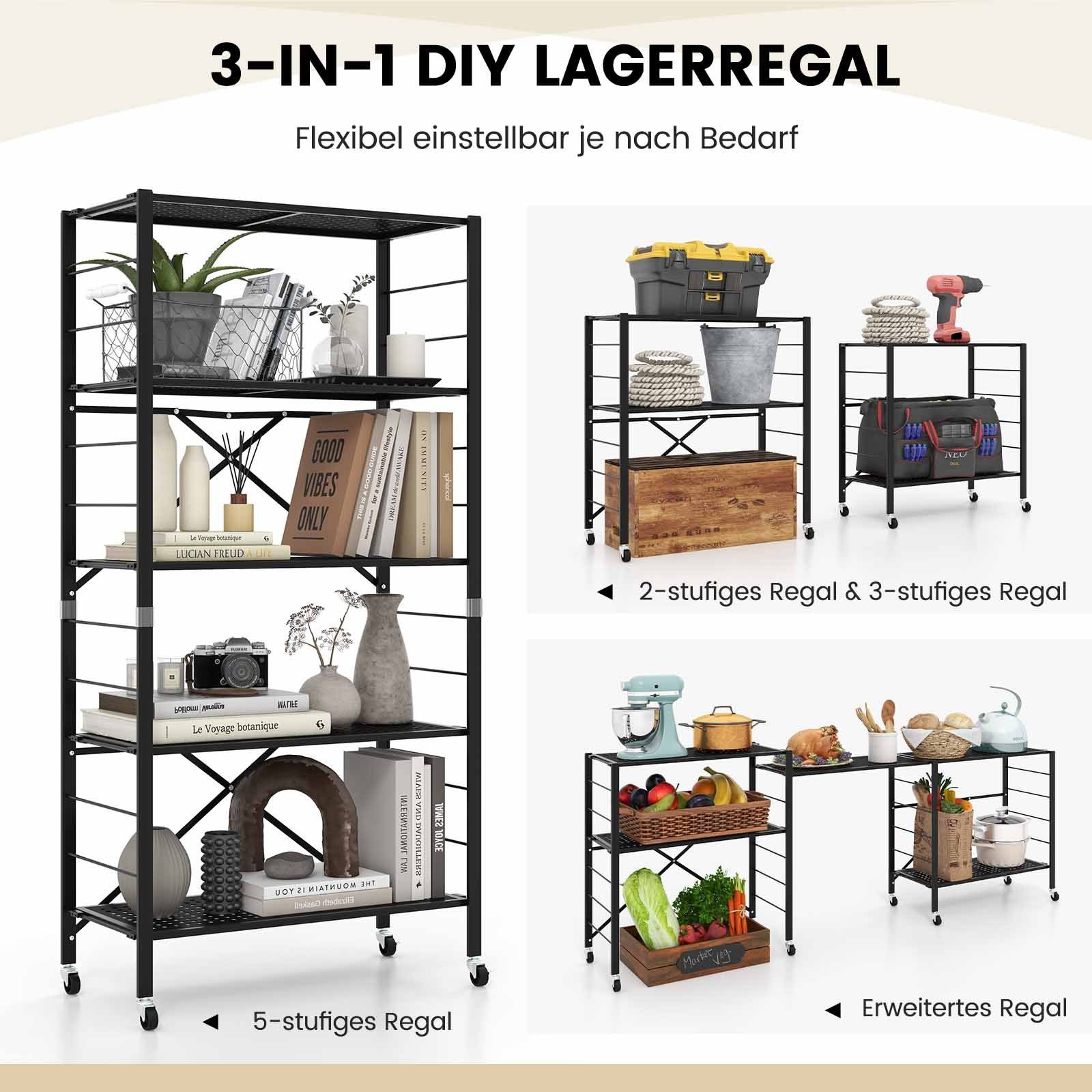 Metall, Rollen, Lagerregal COSTWAY 34,5x76x153cm klappbar, Schwerlastregal, mit