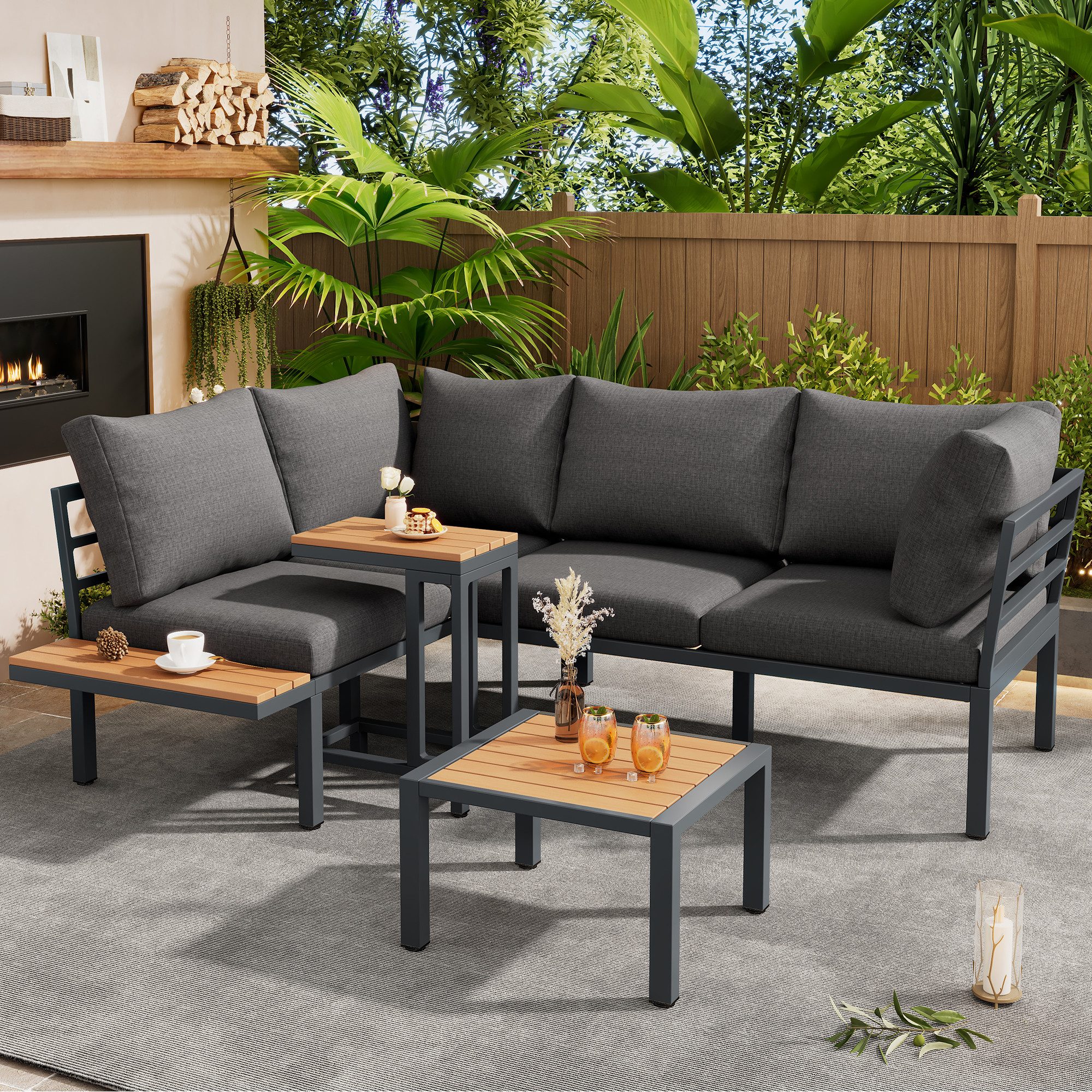 BBWL Gartenlounge-Set mit Sofa, Couchtisch und Beistelltisch, verzinkter Stahlrahmen, Gartenmöbel Set 3-tlg, flexibel für Balkon Garten grau + schwarz
