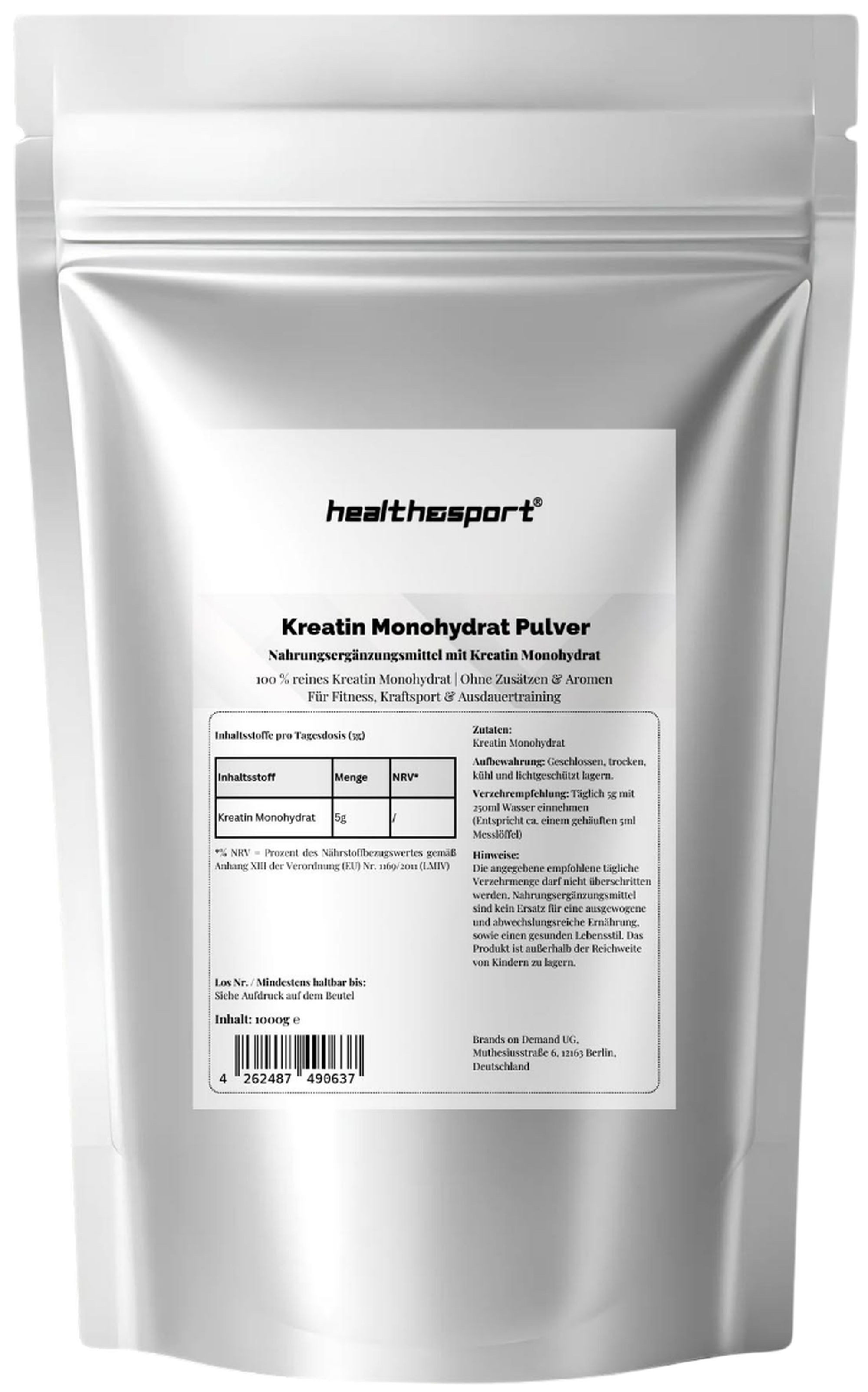health&sport Креатин Monohydrat – Für Muskelaufbau, Kraft, Leistung & Fitness Pulver, 1000 g