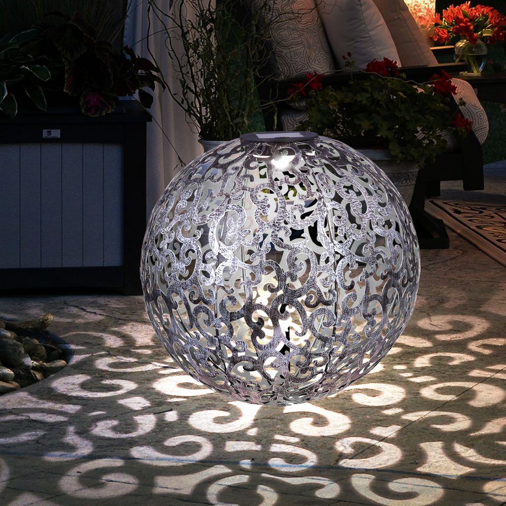 etc-shop LED Solarleuchte, LED Design Solar Kugel Steck Leuchten rost silber Garten Außen silber metallic D 28.5 cm