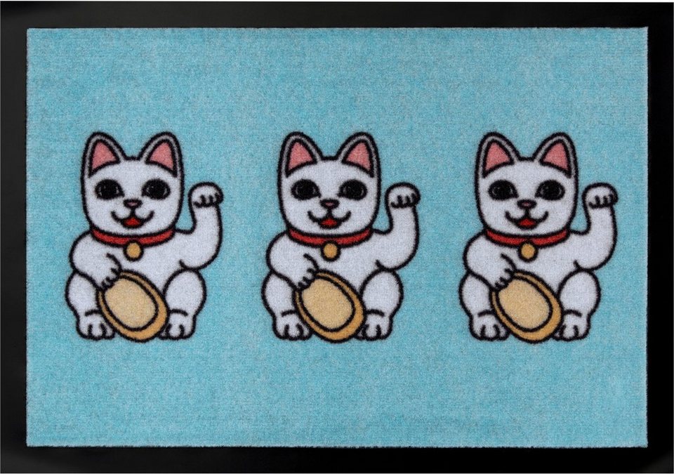 Fußmatte Three Lucky Cats, HANSE Home, rechteckig, Höhe: 7 mm, Rutschfest,  Robust, Pflegeleicht, Glückskatze, Tiermotiv