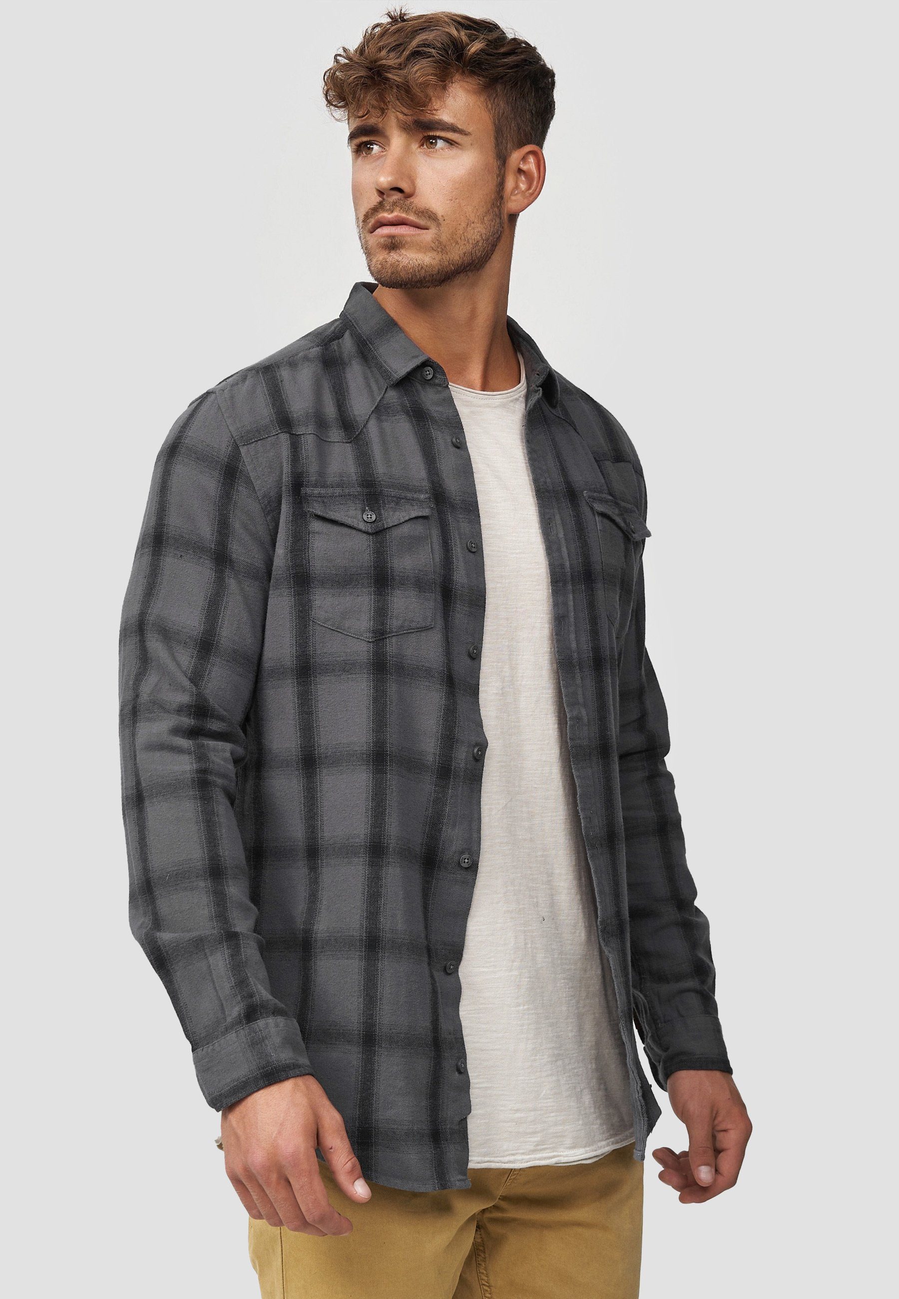 Indicode Langarmhemd Herren Altin Herrenhemd Langarm Flanellhemd im Karo-Design