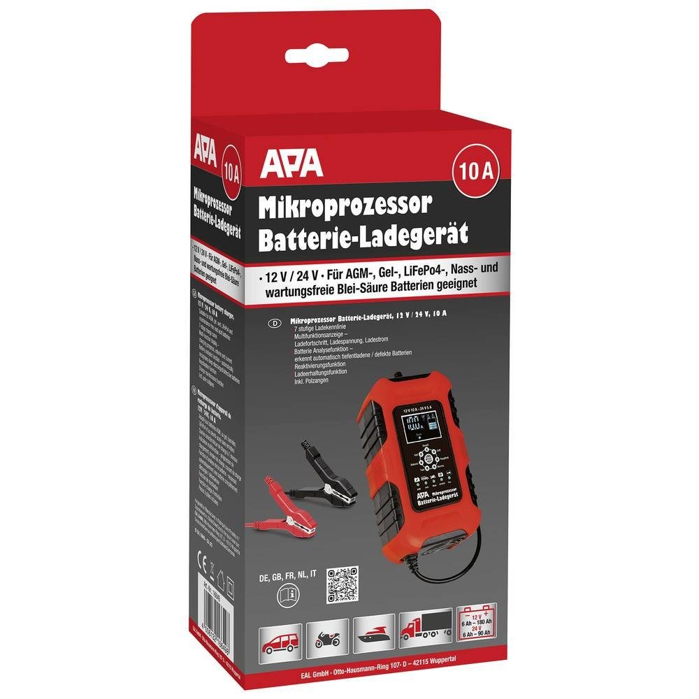 Ladeüberwachung) / Autobatterie-Ladegerät 12 Batterieladegerät APA V Batterieprüfung, A 10 (Auffrischen, Regenerieren, 24