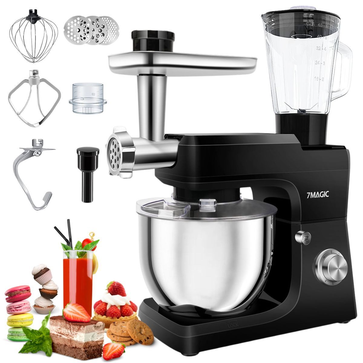 7MAGIC Fleischwolf Multifunktions Standmixer, 1500W, 5 in 1 Küchenmaschine, 7L Schüssel, 1,5L Milchshake Becher