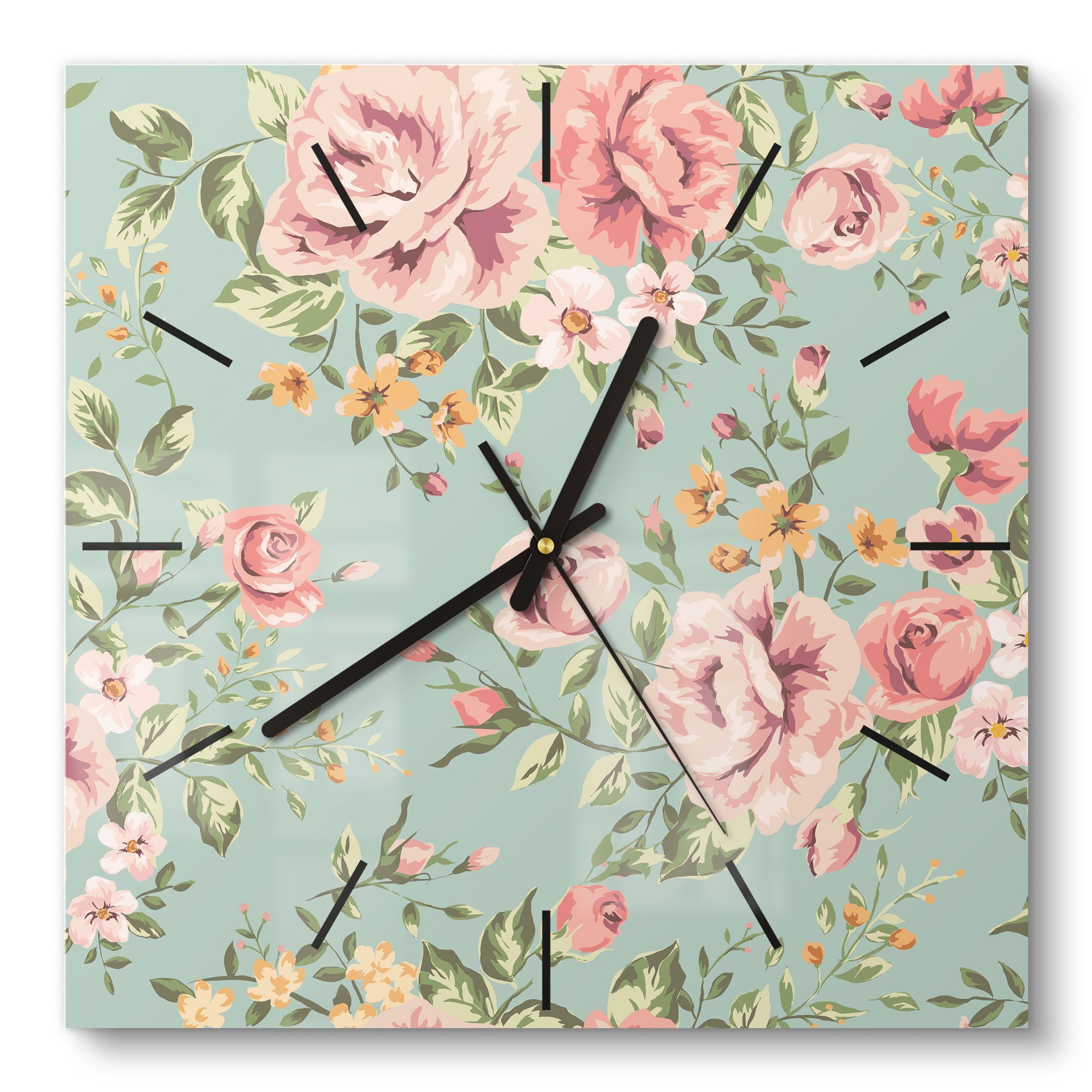 DEQORI Wanduhr 'Tapete mit Blumenmuster' (Glas Glasuhr modern Wand Uhr  Design Küchenuhr)