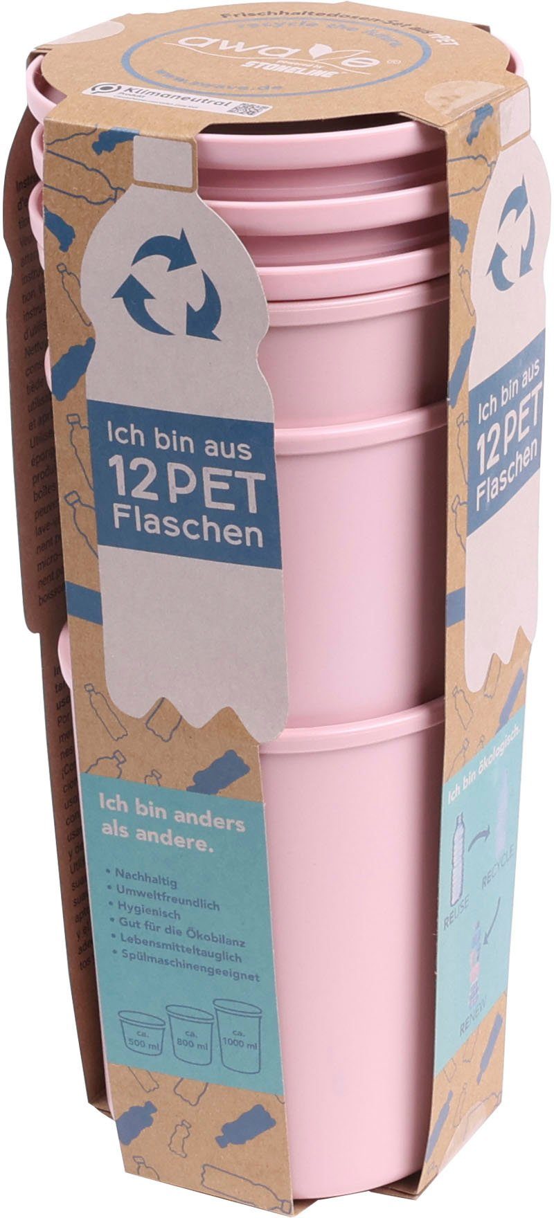 AWAVE® rPET, 800, 3-tlg), AWAVE, 1000 Frischhaltedose mit rosé Kunststoff, 500, (Set, ml