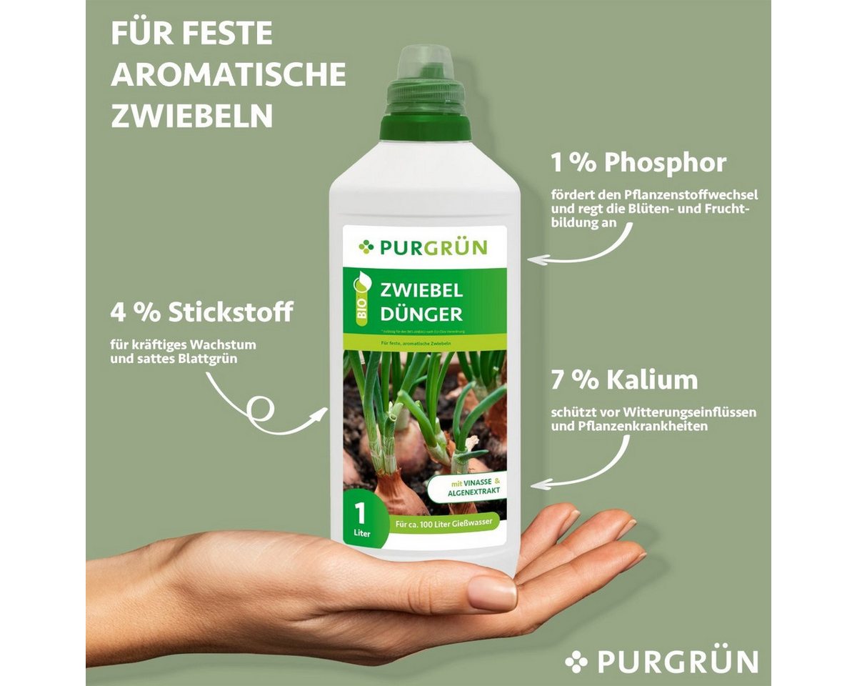 Thumbnail - Purgrün Gemüsedünger Purgrün Bio Zwiebel Dünger, NPK 4+1+7, Algenextrakt, 1L, Flüssigdünger, extra Kalium für feste, aro...