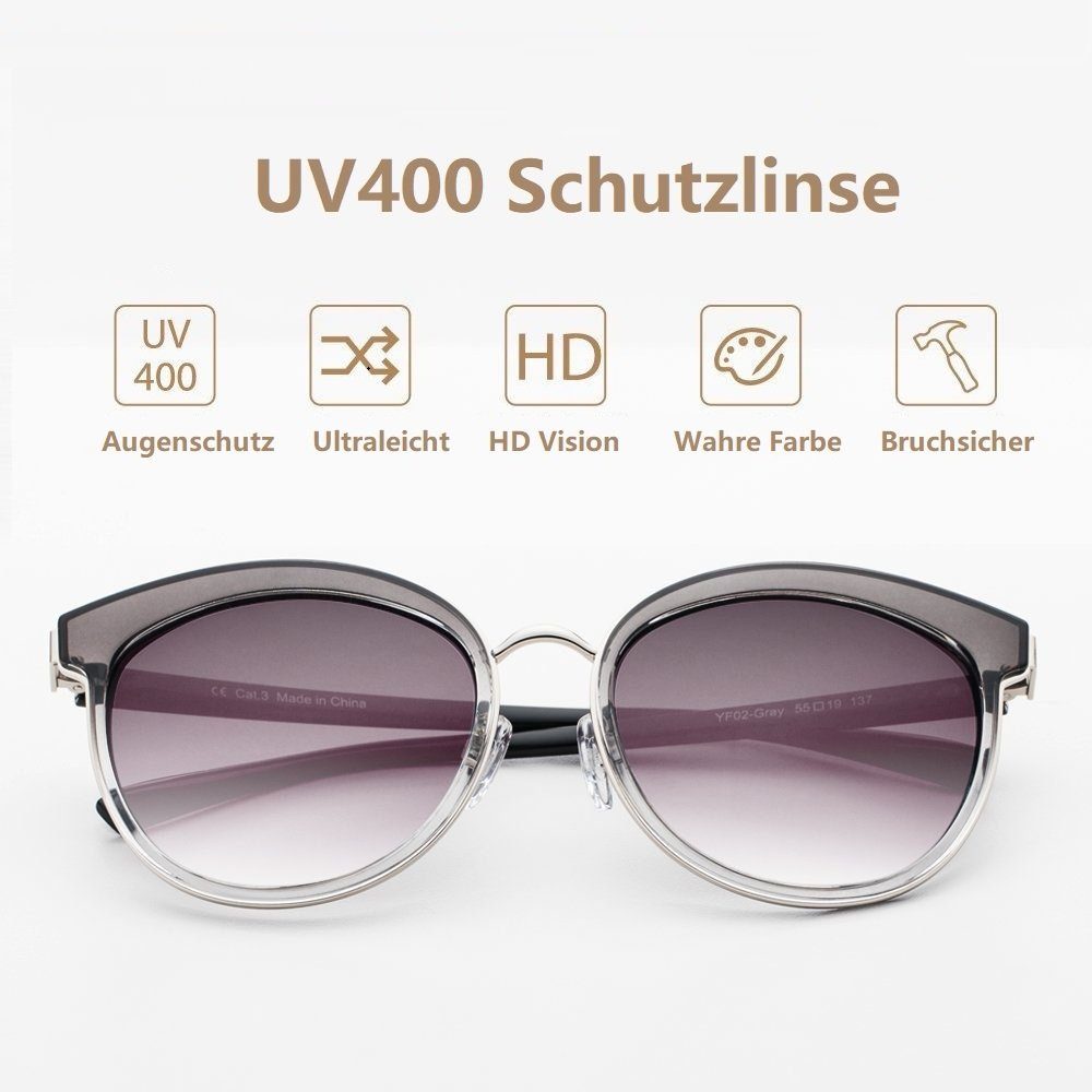 Elegear Sonnenbrille Damen Sonnenbrille UV400-Schutz Elegantes Retro Grau Verlaufsglas 100