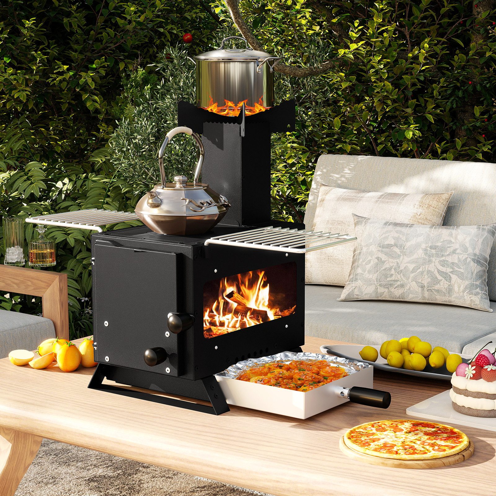COSTWAY Holzkohlegrill 3in1, Heizofen mit Topfgestell, Ofenpfanne, 2 Grills