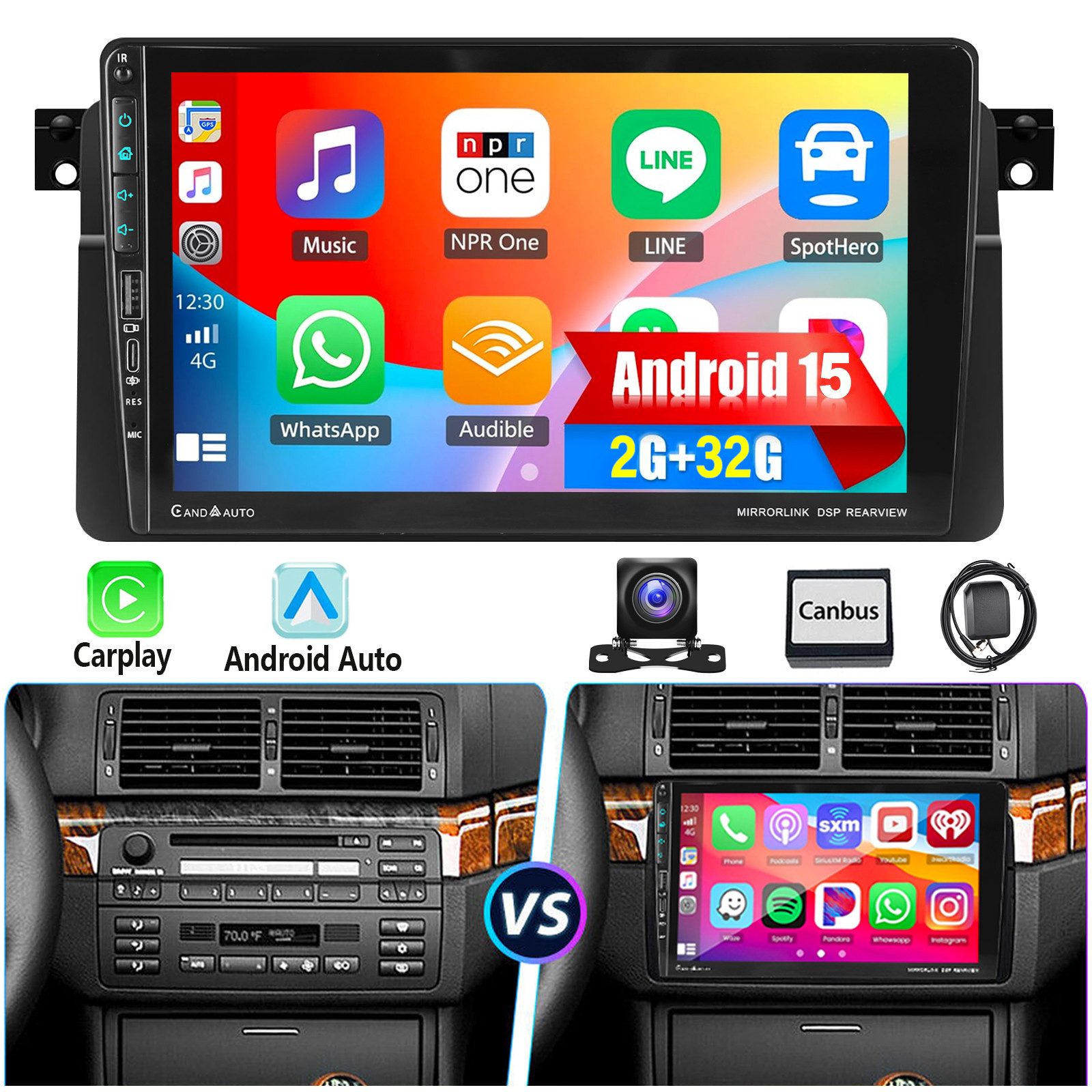 ESSGOO DAB+ 9" Für BMW E46 3er 318 320 325 M3 Android 15 Carplay GPS Navi Autoradio (Digitalradio (DAB), 4+64GB(optional), RDS, AM, FM, GPS Navi Android Auto Bluetooth EQ USB WIFI IPS Touchscreen)