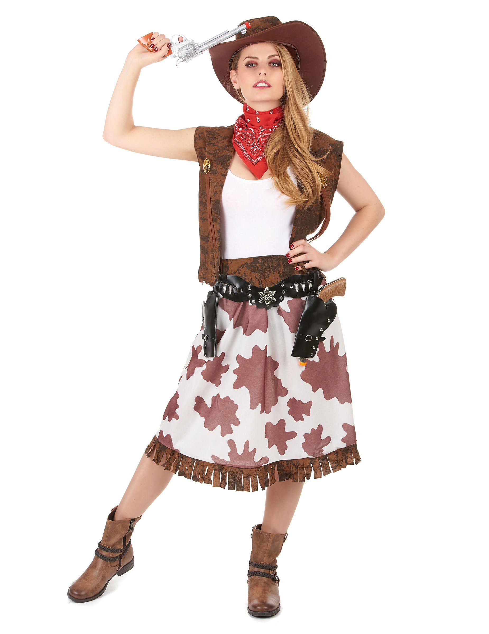Cowboy-Kostüm Cowgirl Damen-Kostüm gefleckt braun-weiss