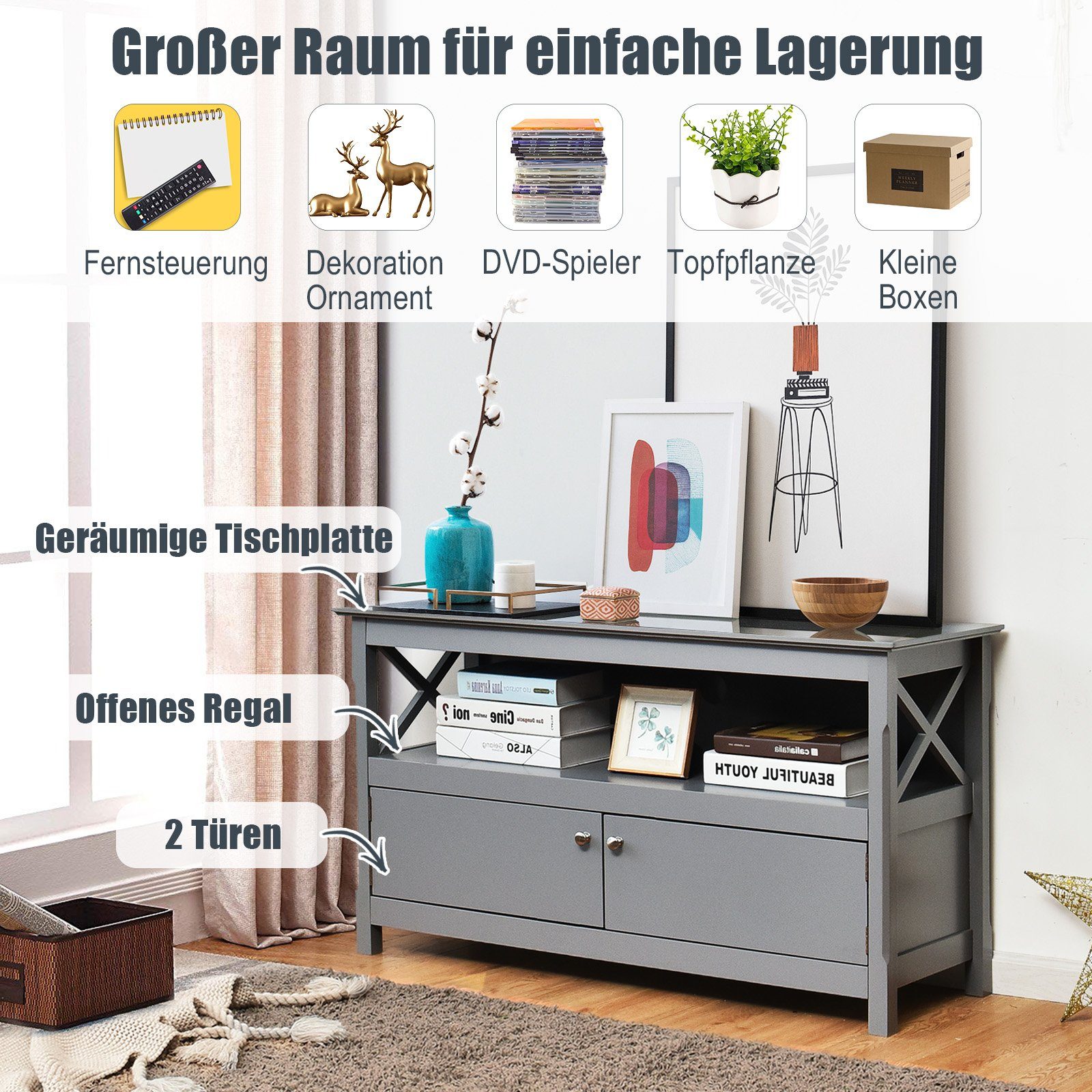 Regal 2 Holz, Türen, cm Lowboard 61 COSTWAY mit x 40 Grau x TV-Schrank 112 &