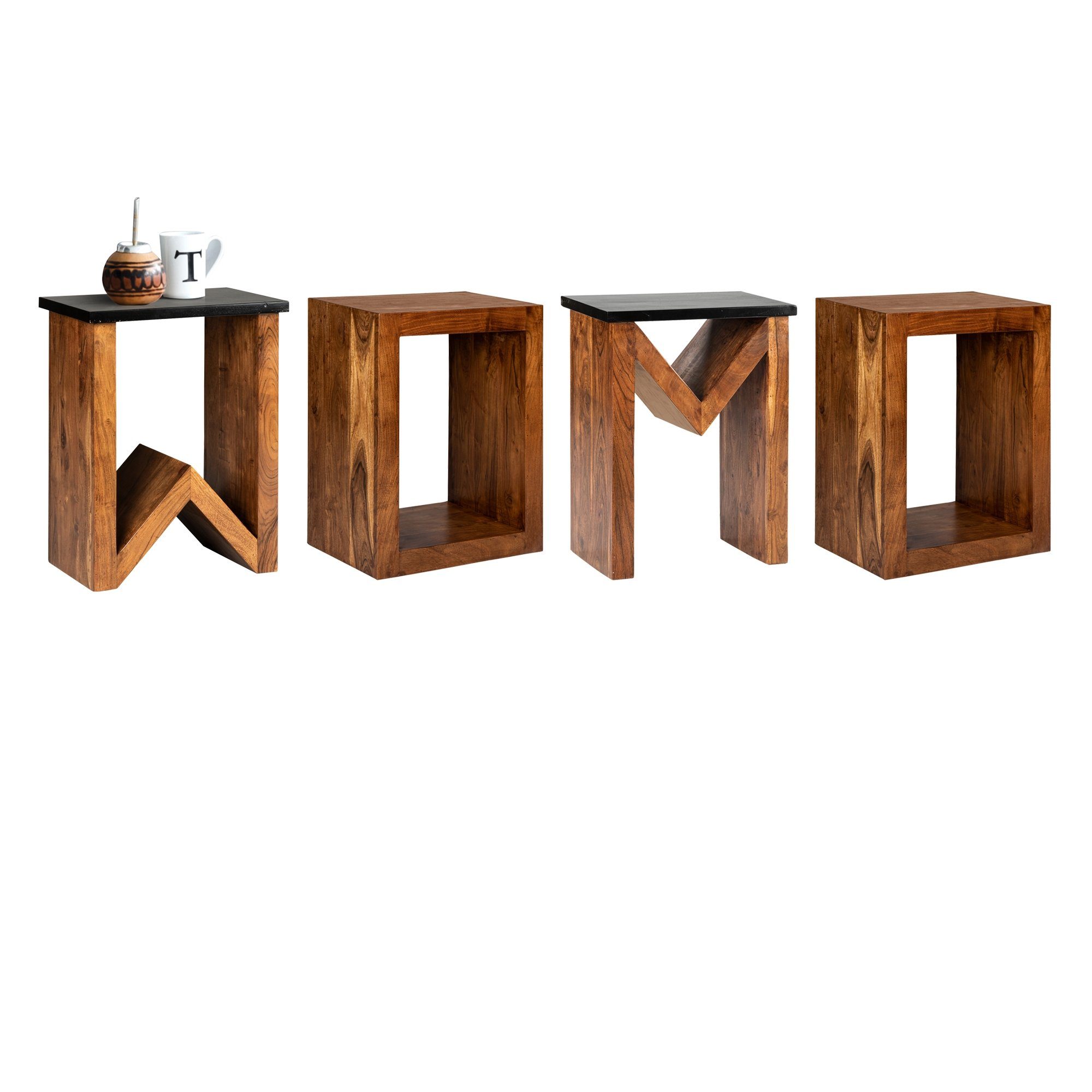 Form Beistelltisch Kaffeetisch W-Form Unikat Braun Massivholz Wohnzimmertisch Couchtisch Akazienholz WOMO-DESIGN 60cm handgefertigt Sofatisch Loungetisch, Buchstaben