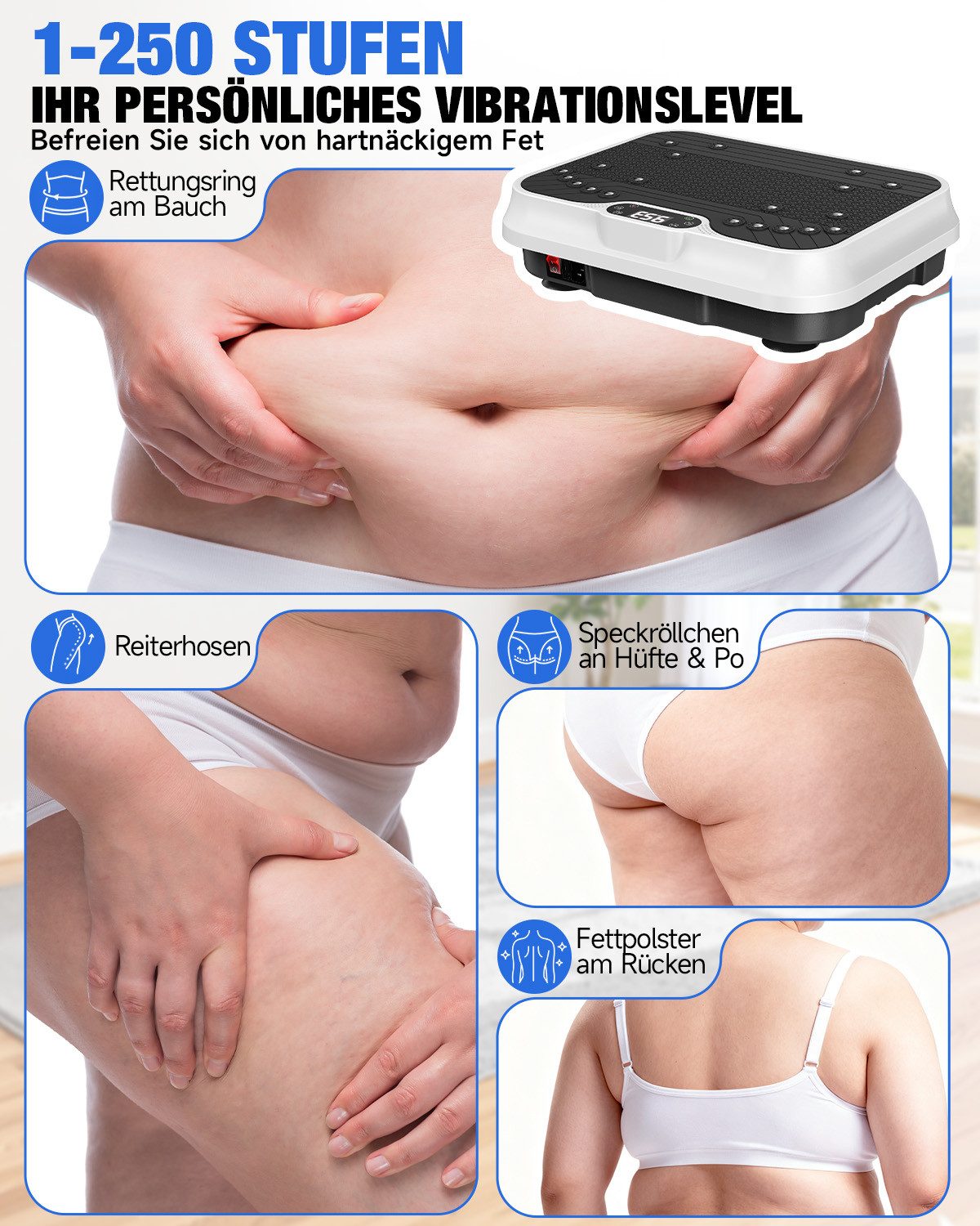 Dskeuzeew Vibrationsplatte mit leisem Motor – 250 Stufen – 9 voreingestellte Modi, 200 W, 250 Intensitätsstufen, Fitnessgerät mit Fernbedienung – LCD-Display – Belastbarkeit 150 kg
