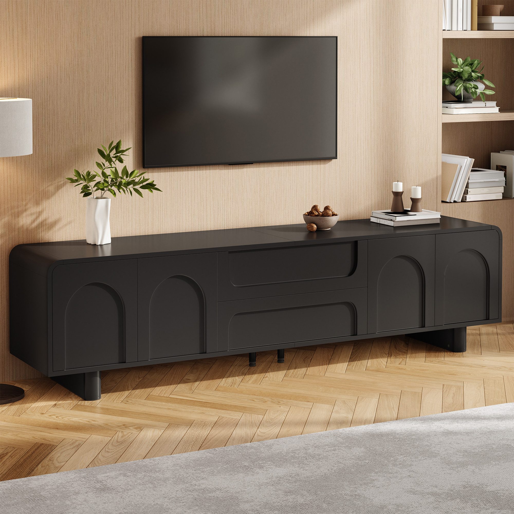 Merax Lowboard mit abgerundeten Kanten und Kabelöffnung (1 St., 180 x 40 x 46 cm (L x B x H), TV-Schrank mit 4 Türen, 2 Schubladen & gedämpften Scharnieren