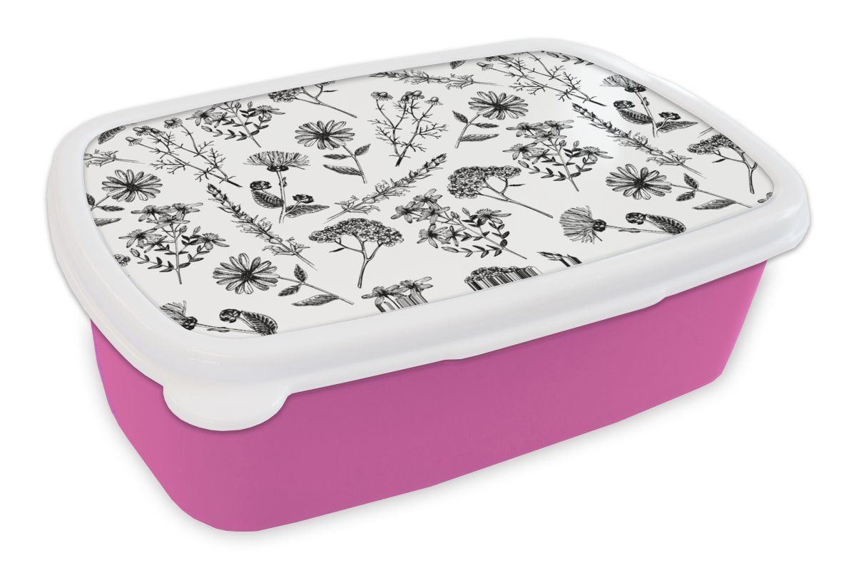rosa Brotbox für Mädchen, Kunststoff Kinder, Kräuter Erwachsene, Lunchbox MuchoWow - Kunststoff, (2-tlg), Muster, - Blumen Brotdose Snackbox,