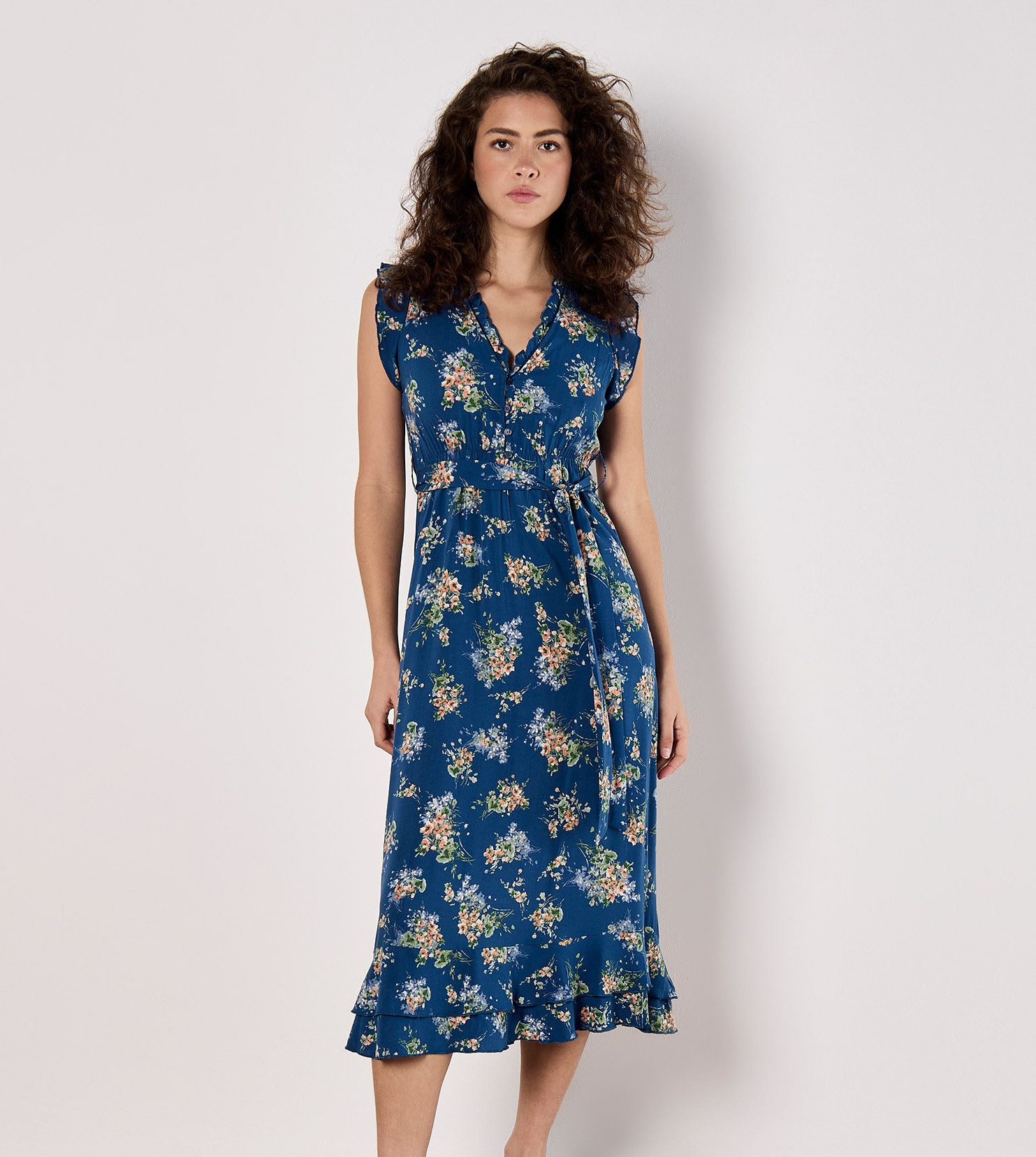 Apricot Druckkleid sommerliches Midikleid (2-tlg., mit Bindeband) mit Rüsch günstig online kaufen