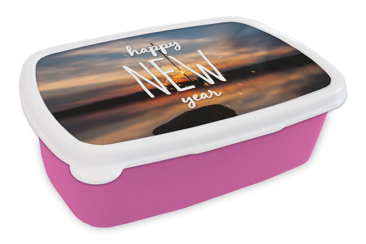 MuchoWow Lunchbox Sprichwörter - 'Frohes neues Jahr' - Zitate, Kunststoff, (2-tlg), Brotbox für Erwachsene, Brotdose Kinder, Snackbox, Mädchen, Kunststoff rosa