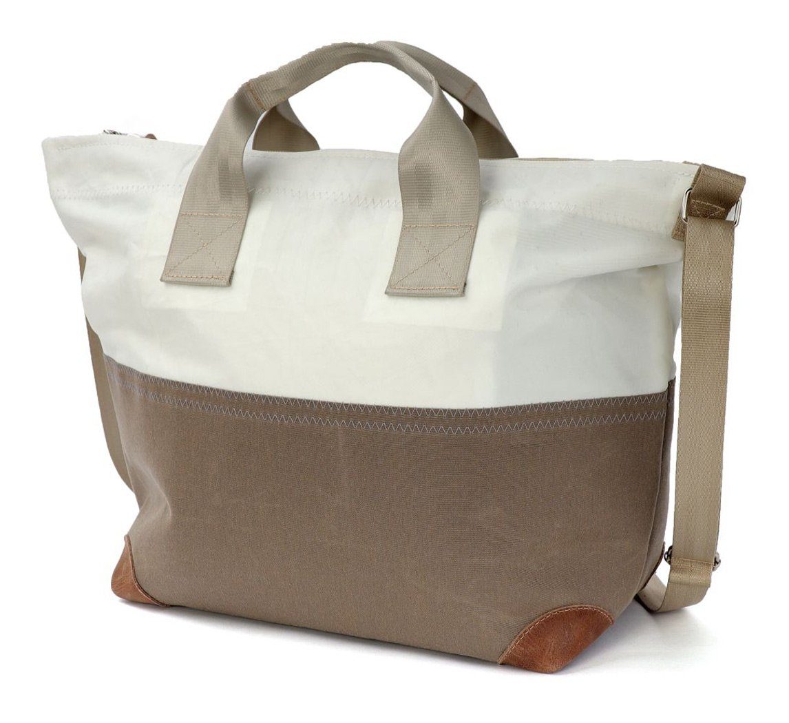 Strandtasche Schultertasche Suutje, Weiss Taupe Grau, Persenning, recyceltes Segel