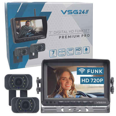 VSG24 7" FUNK-Set PREMIUM PRO HD für PKW Nummernschild inkl. Monitor, 2x Rückfahrkamera (Einfache Montage 12-24V CAN-BUS Ready 2.4GHz digital Funk Nachtsicht)