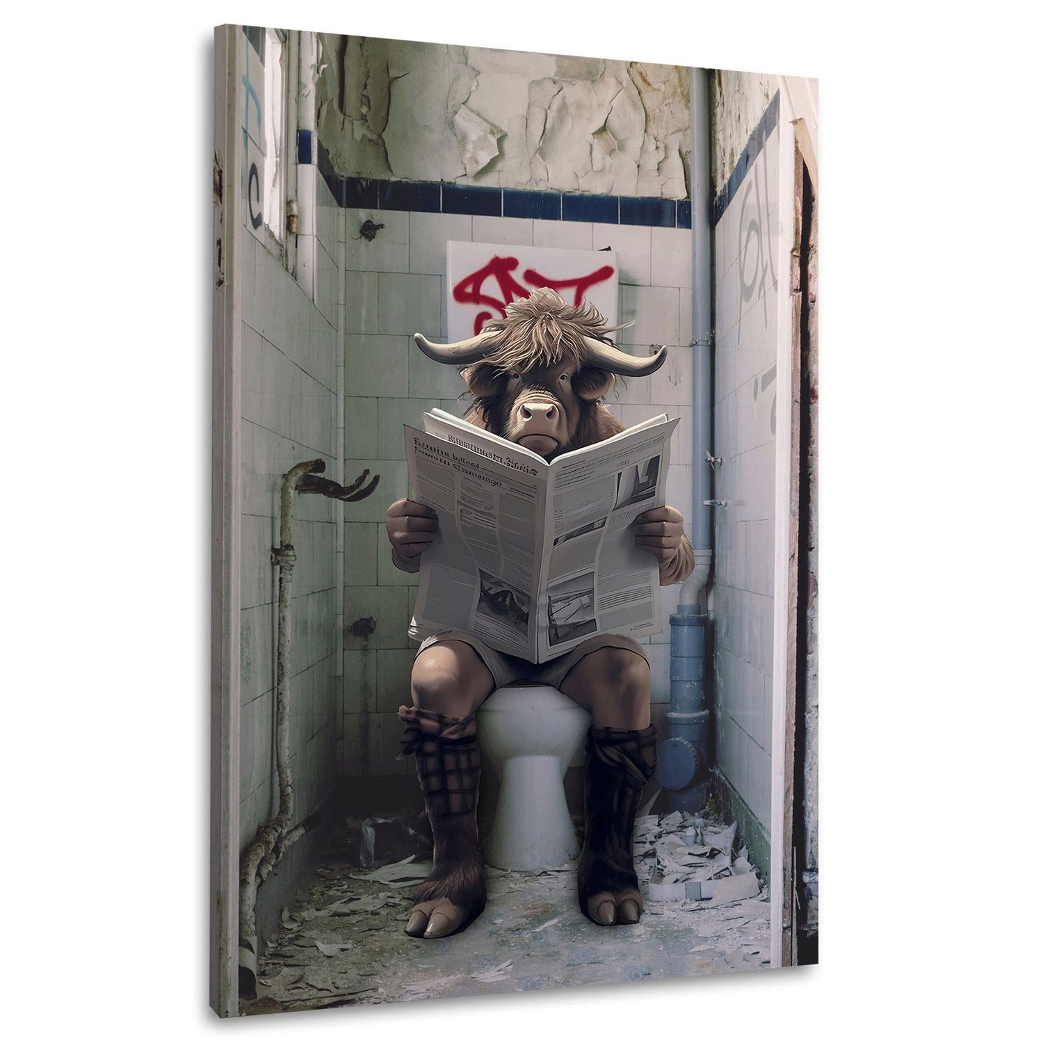 Artedinoi Leinwandbild Stier auf Toilette Abstrakt Wandbild Leinwandbild Kunst XXL Deko
