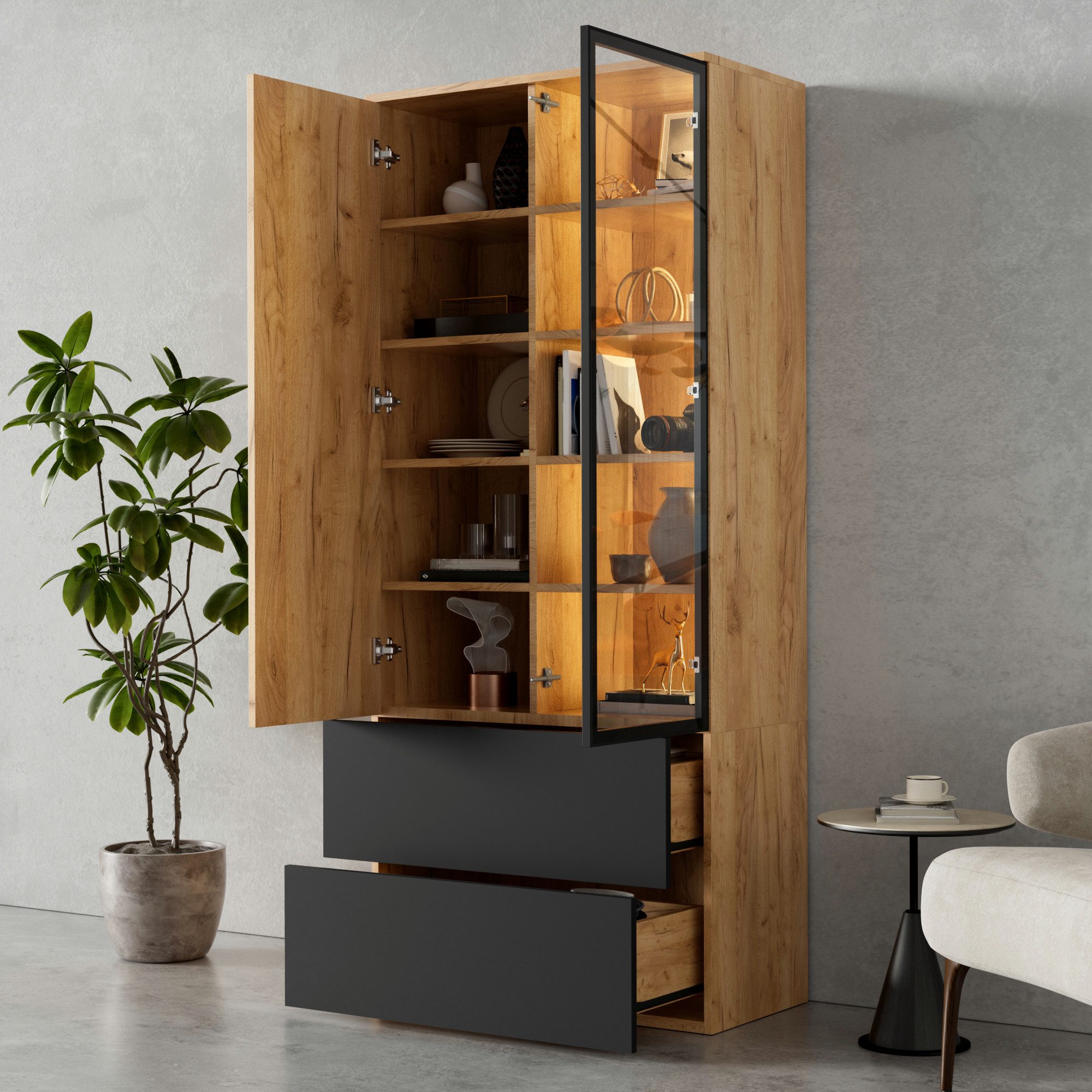 Flieks Glasvitrine Hochschrank mit LED-Beleuchtung, Glastüren, 2 Schubladen Landhausstil (70x35x160 cm, 1-St., Multifunktionsschrank mit 6 verstellbaren Einlegeböden) Mehrzweckschrank Bücherregal Standvitrine Holzoptik Natur&Schwarz