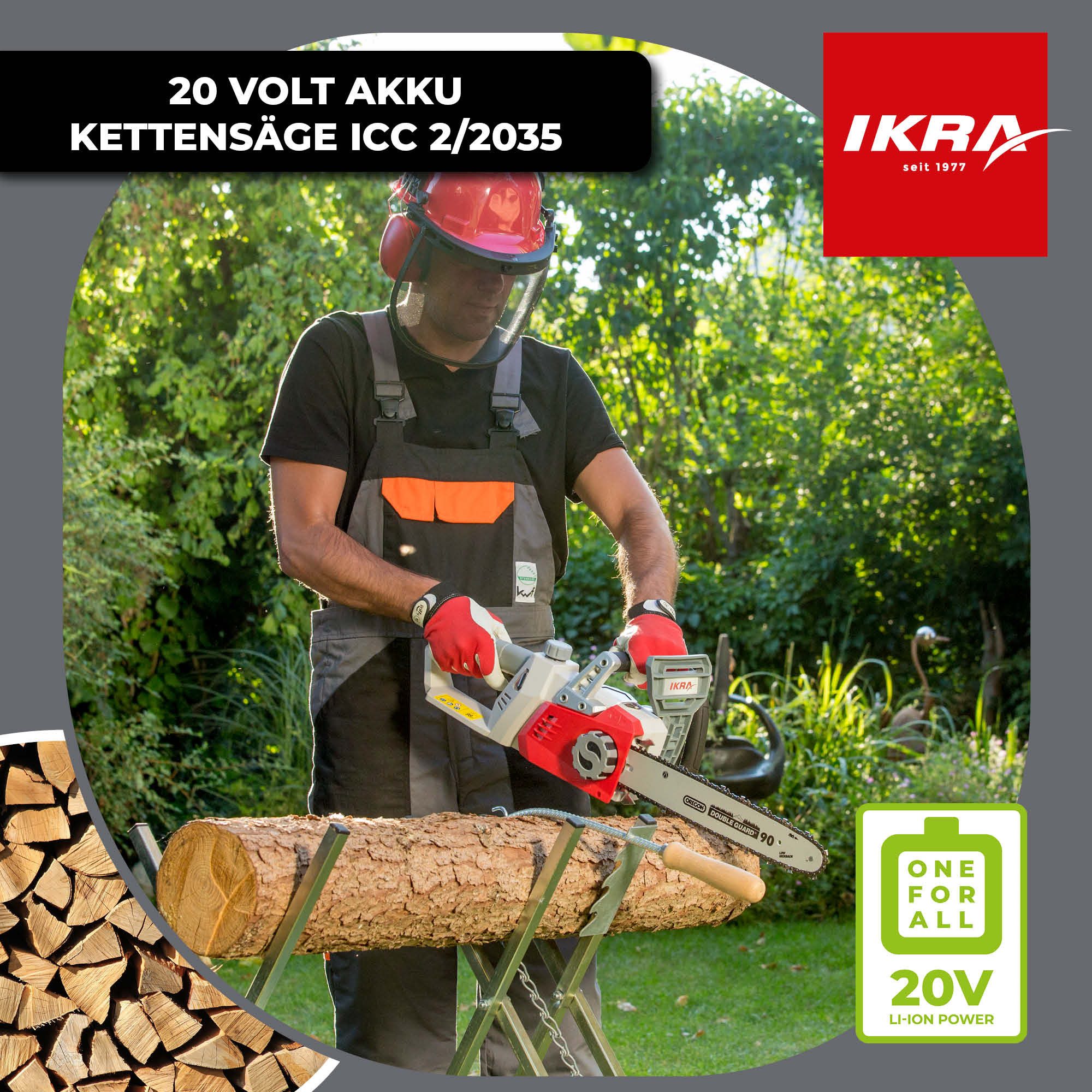 ikra GmbH Akku-Kettensäge ICC 2/2035, 34,5 cm Schwertlänge, 2 x 20V (2,0 Ah) & Doppelllader, inkl. 2 x 20V Akkus & Ladegerät