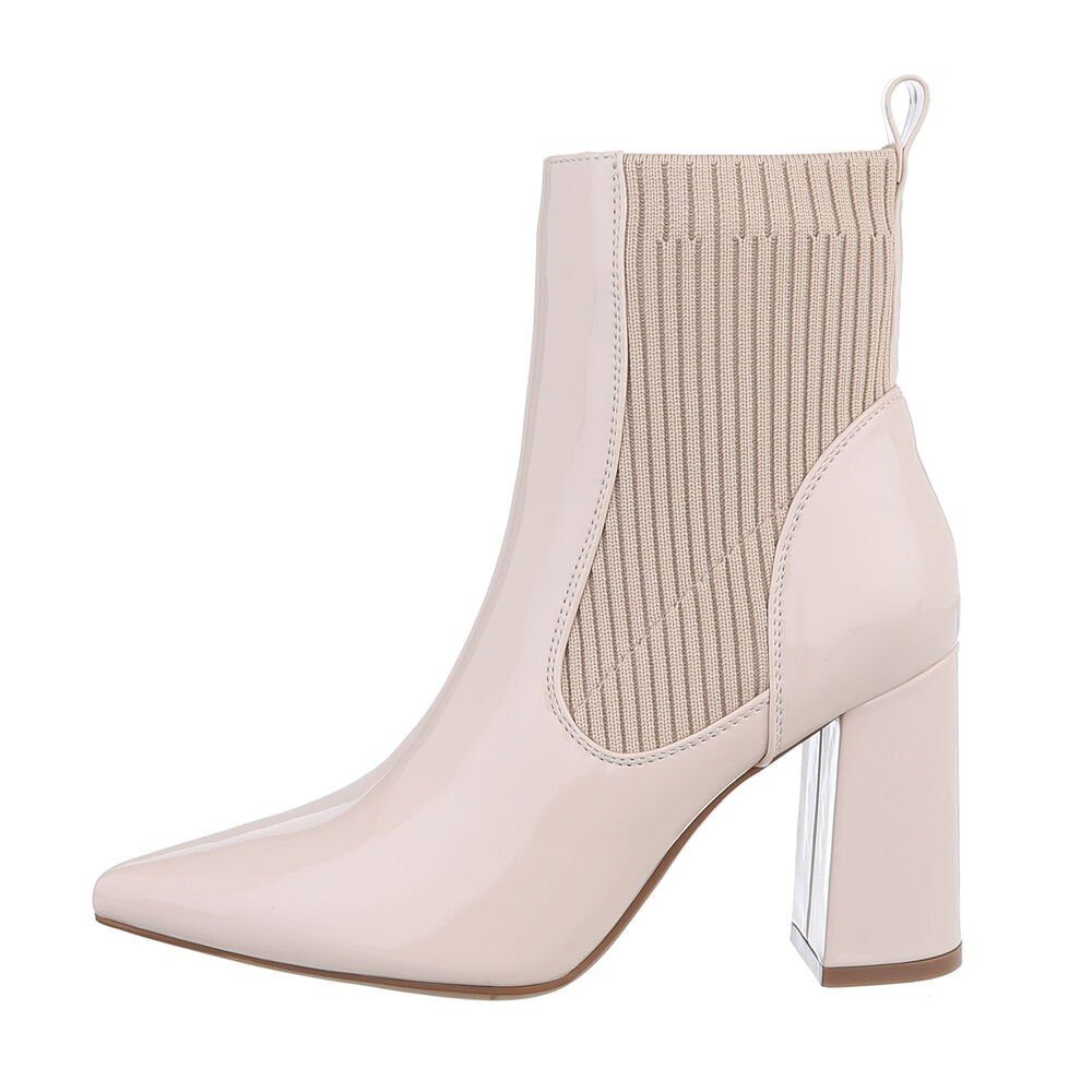 Ital-Design Damen Abendschuhe Elegant High-Heel-Stiefelette Blockabsatz High-Heel Stiefeletten in Beige