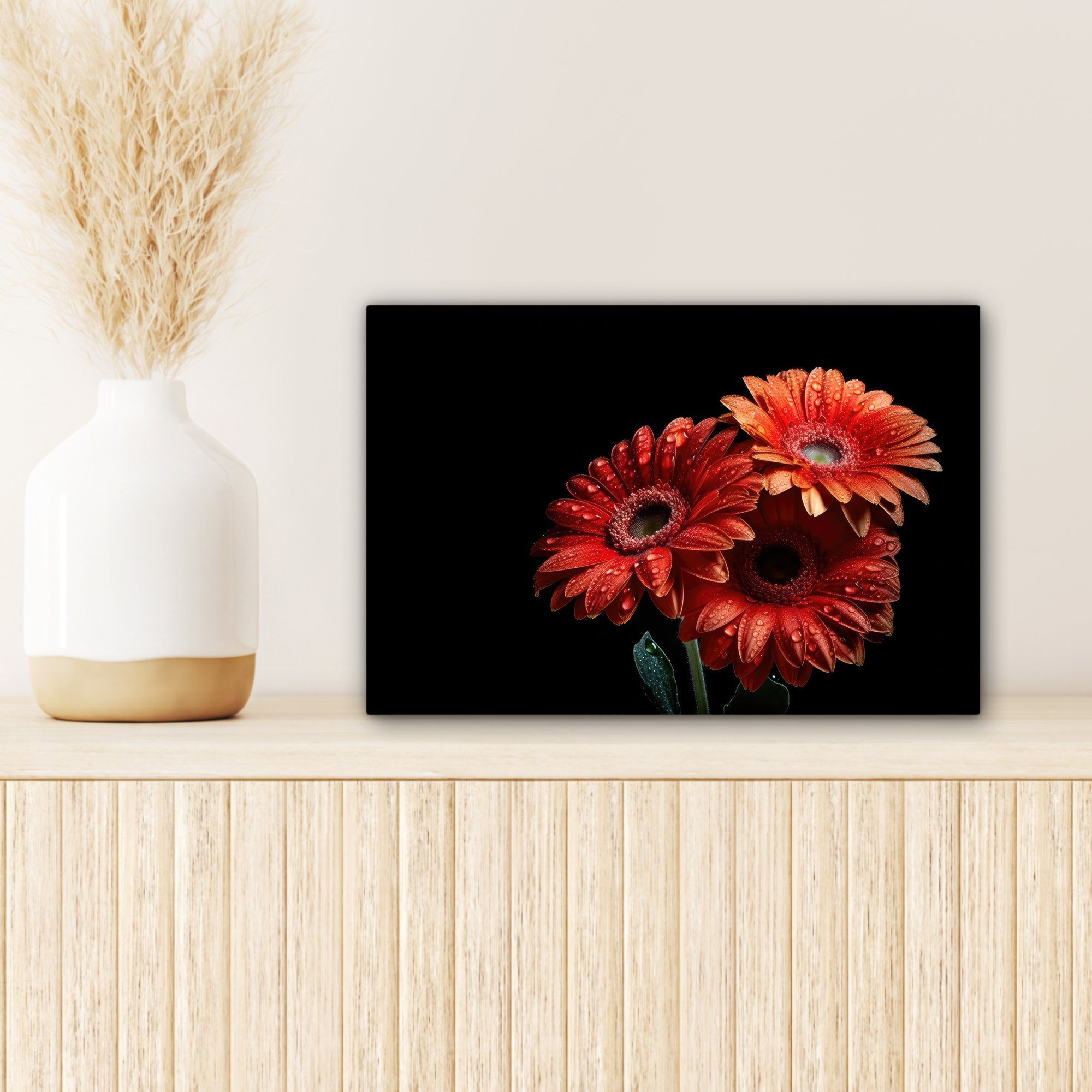 Leinwandbild Aufhängefertig, Gerbera - - 30x20 (1 Rot Botanisch OneMillionCanvasses® - - Natur, St), Wanddeko, Wandbild cm Blumen Leinwandbilder,