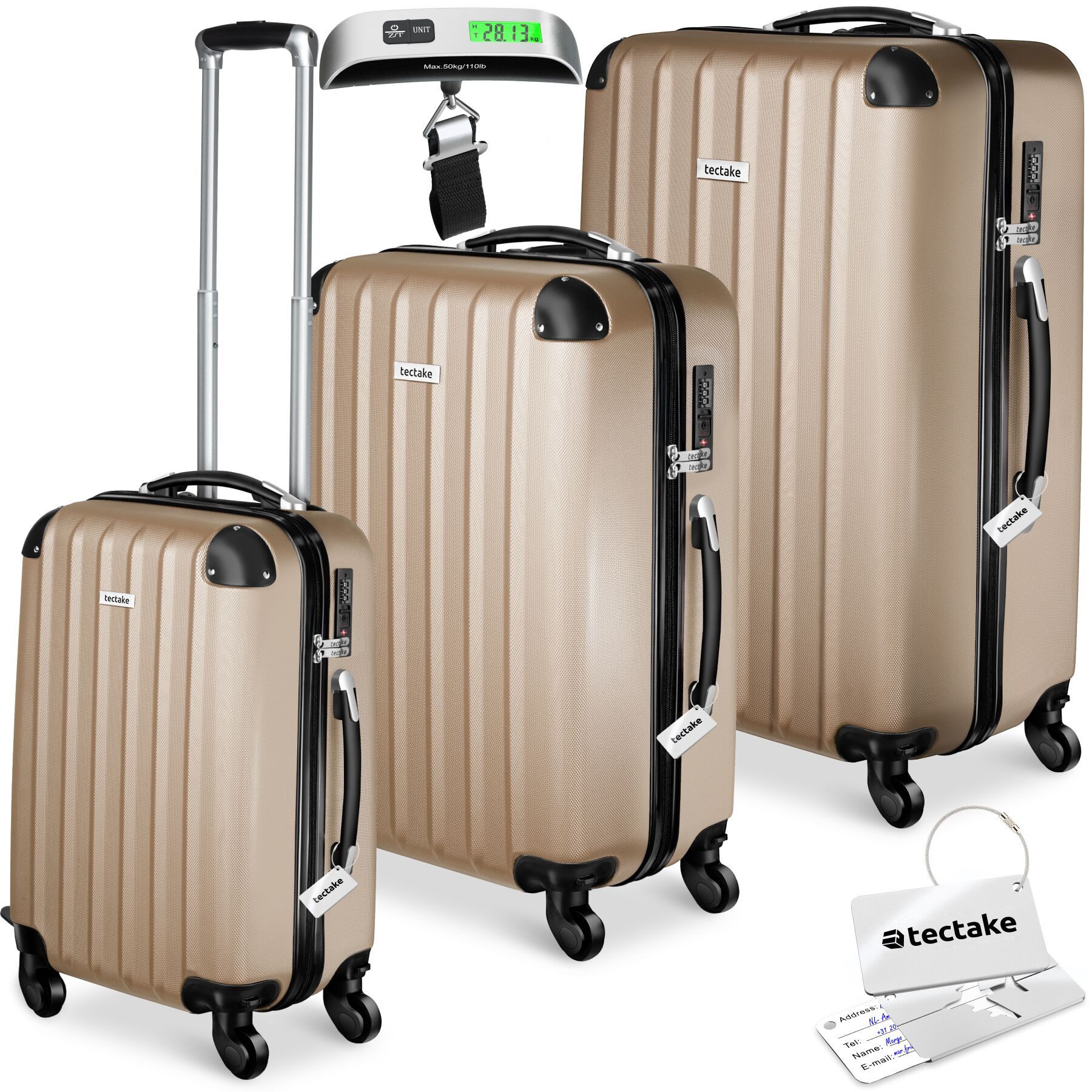 tectake Trolley Hartschalenkoffer-Set aus robustem ABS-Kunststoff, 360° drehbar, 4 Rollen, inkl. Kofferwaage und -anhänger, mit Sicherheits-Zahlenschloss