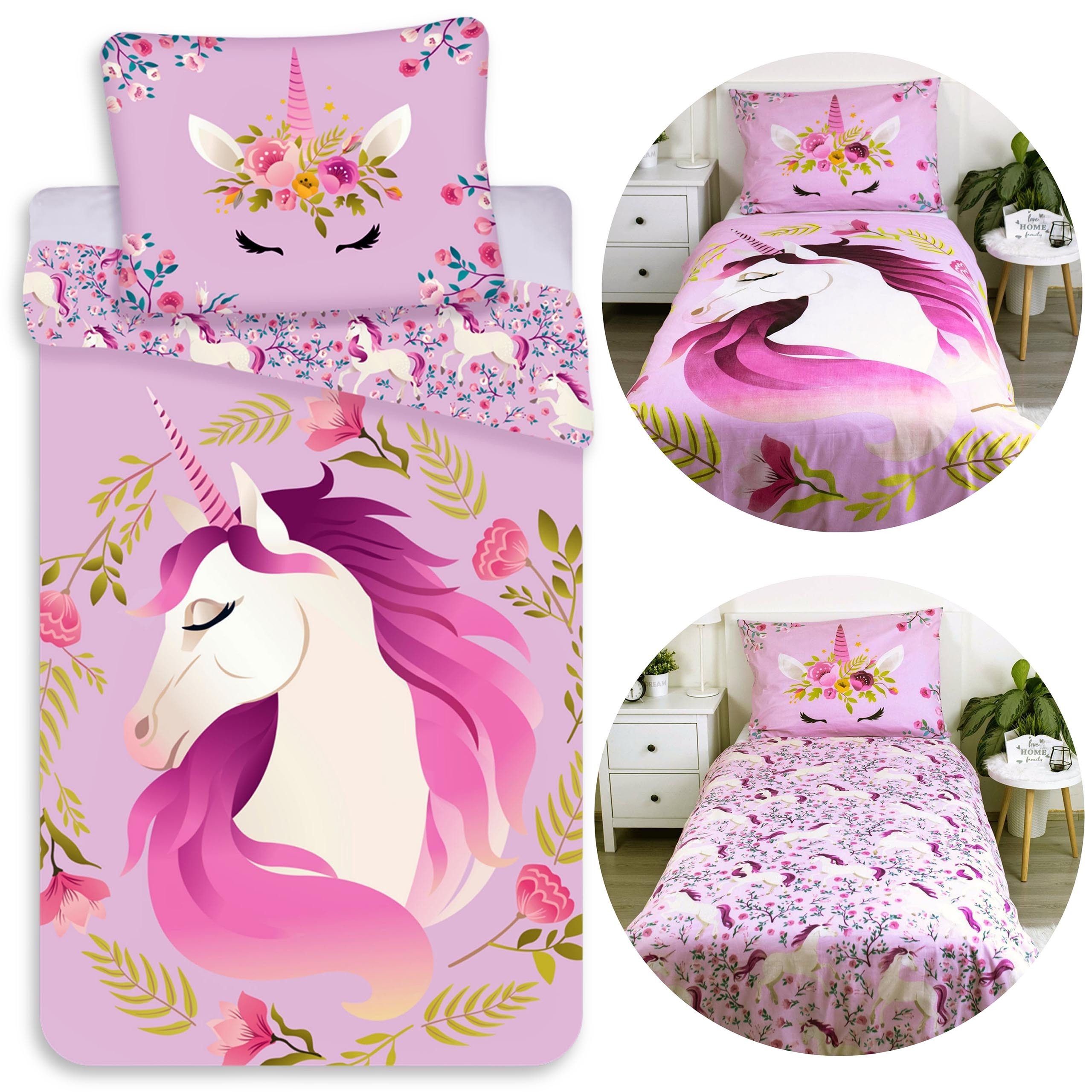 Sarcia.eu Kinderbettwäsche Einhorn Blumen Bettwäsche Baumwolle, 140x200 + 70x90 cm