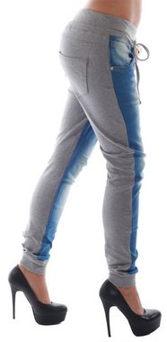 Charis Moda Jogg Pants Jeans zweifarbig mit Tunnelzug-Schnürung und dekorativen Knöpfen