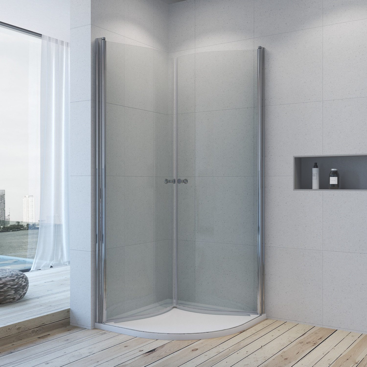 AQUABATOS Runddusche ohne Duschtasse Duschkabine Duschabtrennung halbrund, BxT: 90x90 cm, nano Einscheibensicherheitsglas (ESG) 6 mm nach DIN EN 12150, mit hochwertigen Aluminiumprofilen in Chromoptik, mit Pendeltür,klare Optik,Chromoptik,großer Verstellbereich