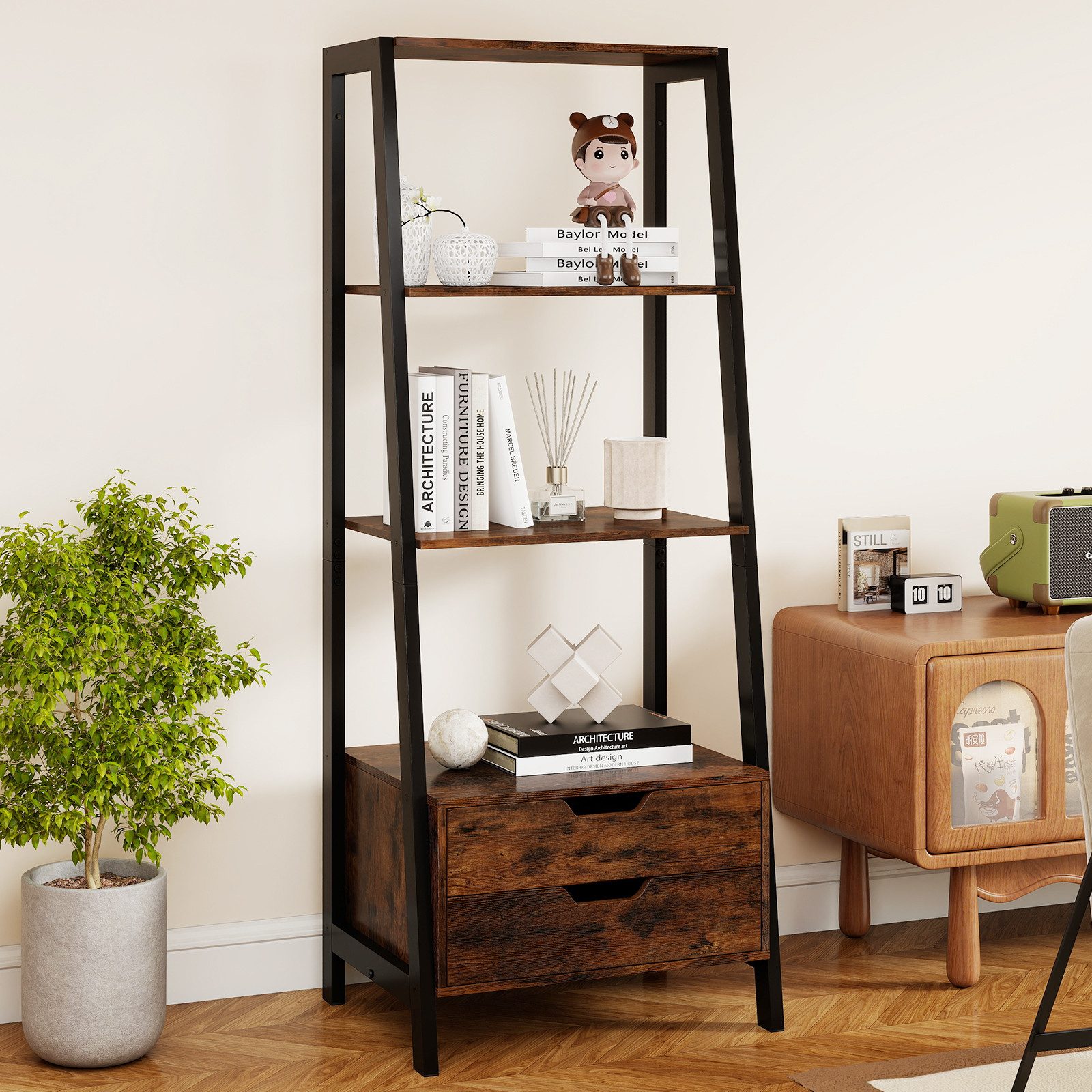 COSTWAY Bücherregal, Holz, Leiterregal stehend, mit günstig online kaufen