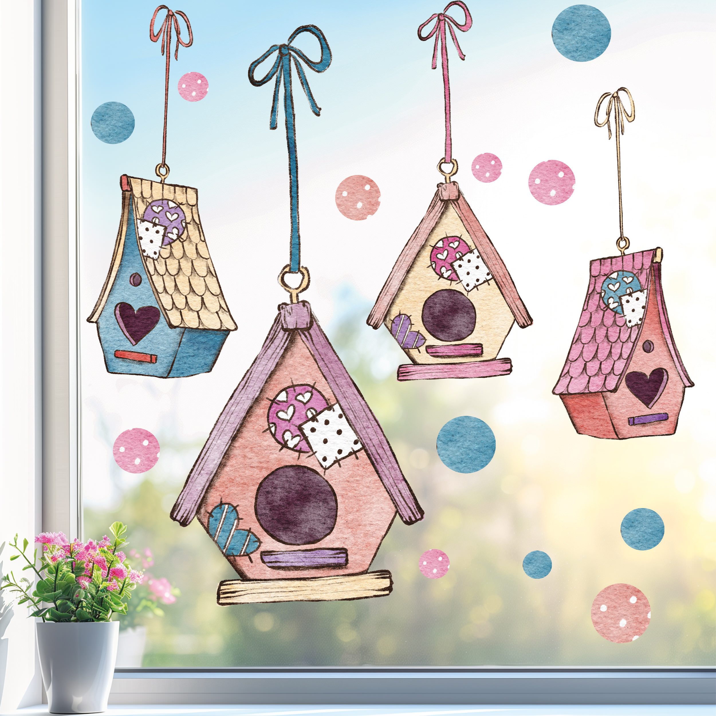 Fensterdekoration wiederverwendbares Fensterbild Vogelhaus niedlich Vogel Häusschen