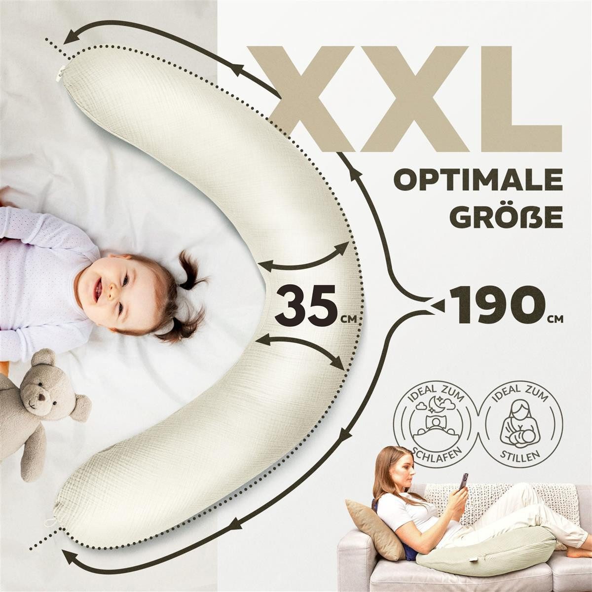 SEI Design Stillkissen Seitenschläferkissen Babynestchen Kuschelnest XXL Musselin Bezug, Schwangerschaftskissen mit Bezug, 1-tlg., Schwangerschaftskissen mit Be – Bild 3 von 5