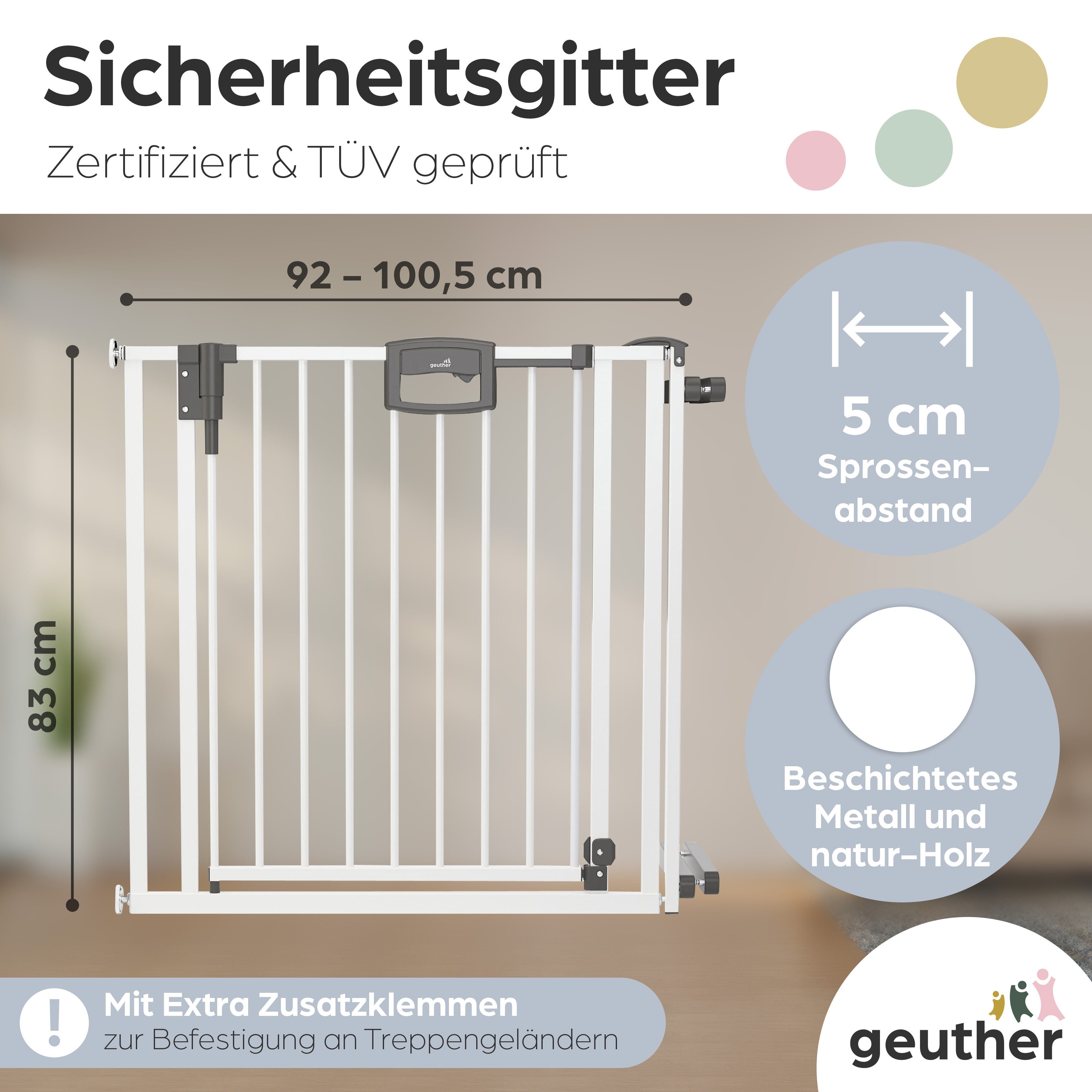 Geuther Türschutzgitter Treppenschutzgitter Easylock 92-100,5 cm in Weiß mit Zusatzklemmen, Treppenschutzgitter zum Klemmen - inkl. Türstopper