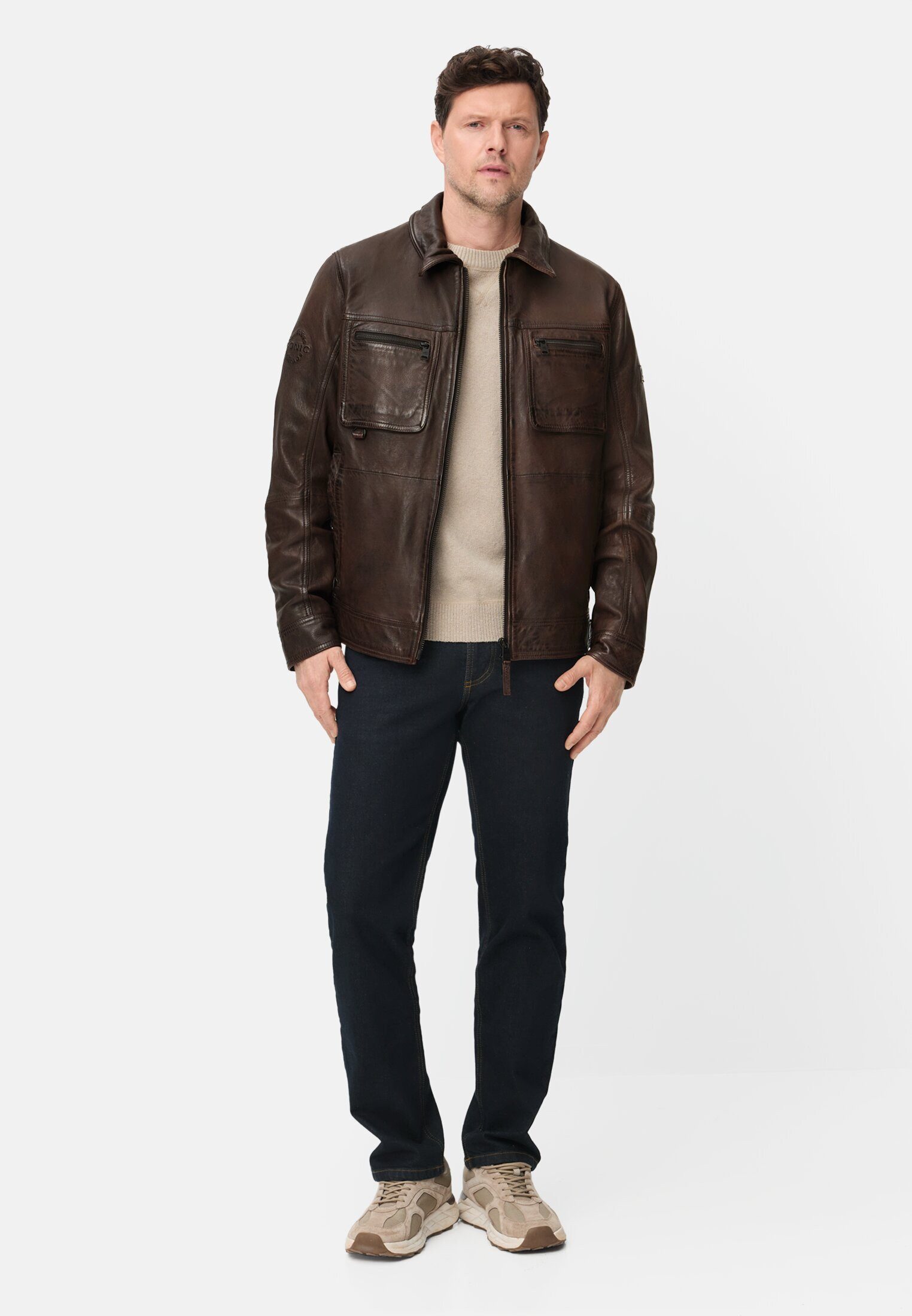 camel active Lederjacke mit Innentaschen Langarm