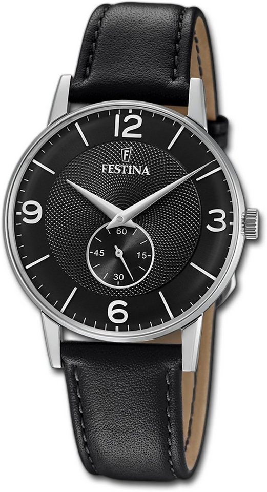 Festina Quarzuhr Festina Herrenuhr Klassik Armbanduhr, Herrenuhr mit  Lederarmband, rundes Gehäuse, mittel (ca. 36mm), schwarz