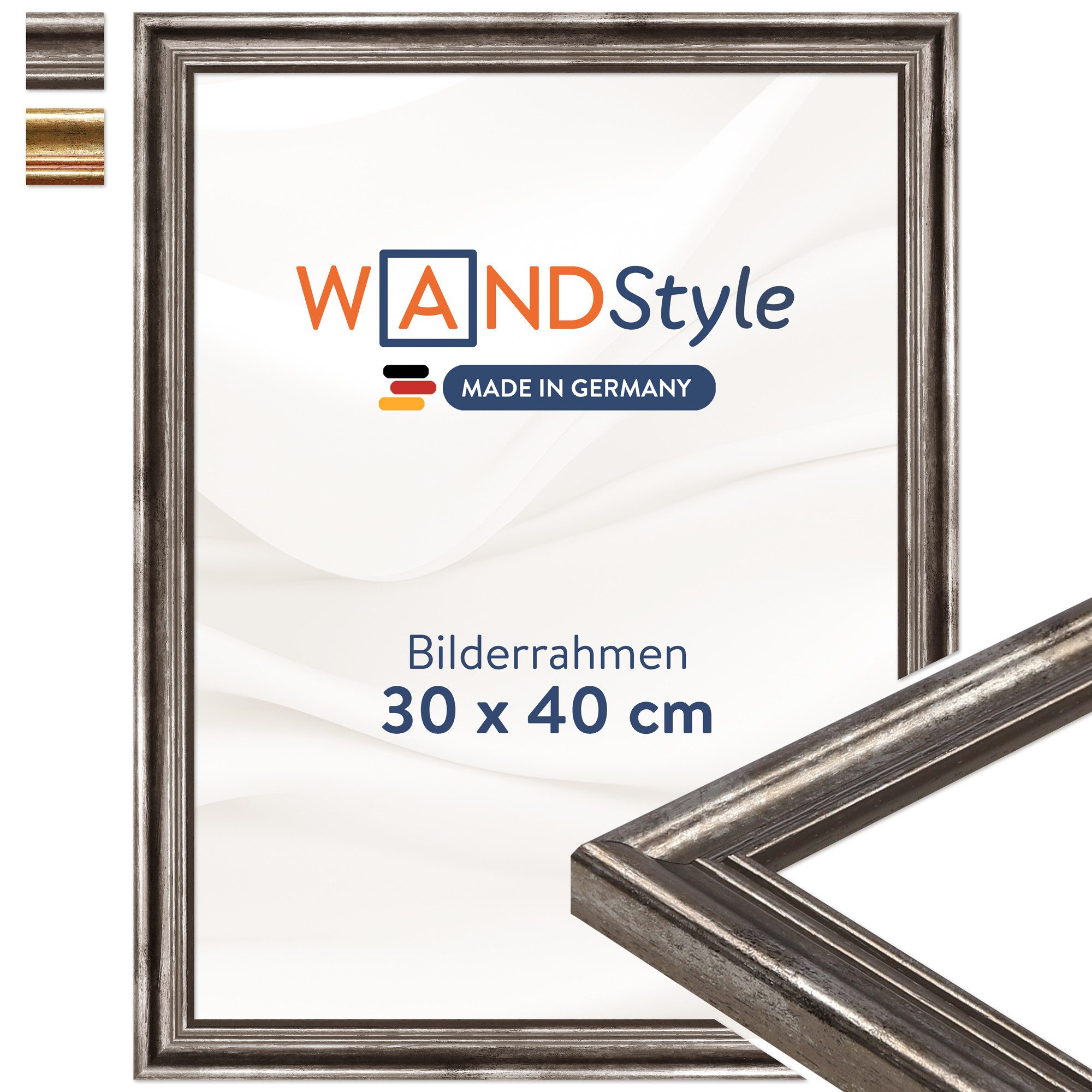 WANDStyle Einzelrahmen H400, Silber Bilderrahmen 30x40 Holz, Vintage Bilderrahmen Silber 30x40 cm