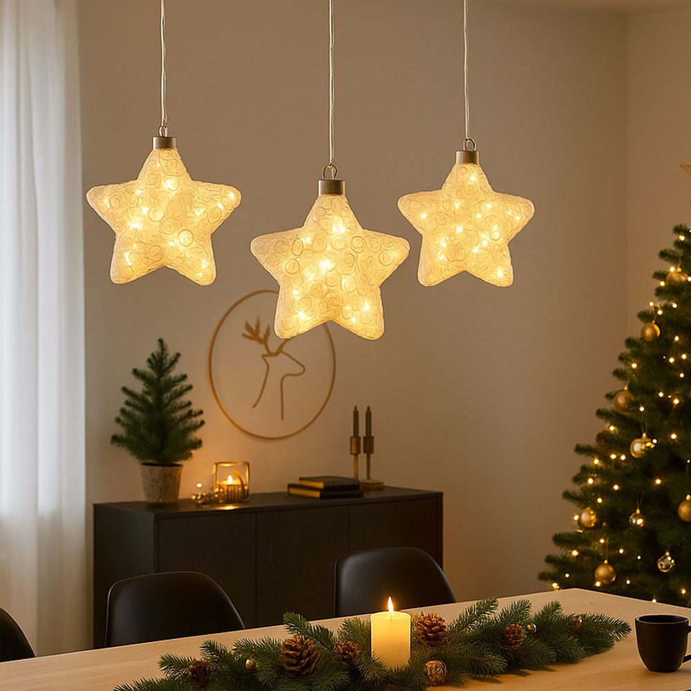 GLOBO LIGHTING LED Dekolicht, LED-Leuchtmittel fest verbaut, Hängelampe Stern Dekolampe Glas Weihnachtsdeko LED Baumschmuck 3er Set