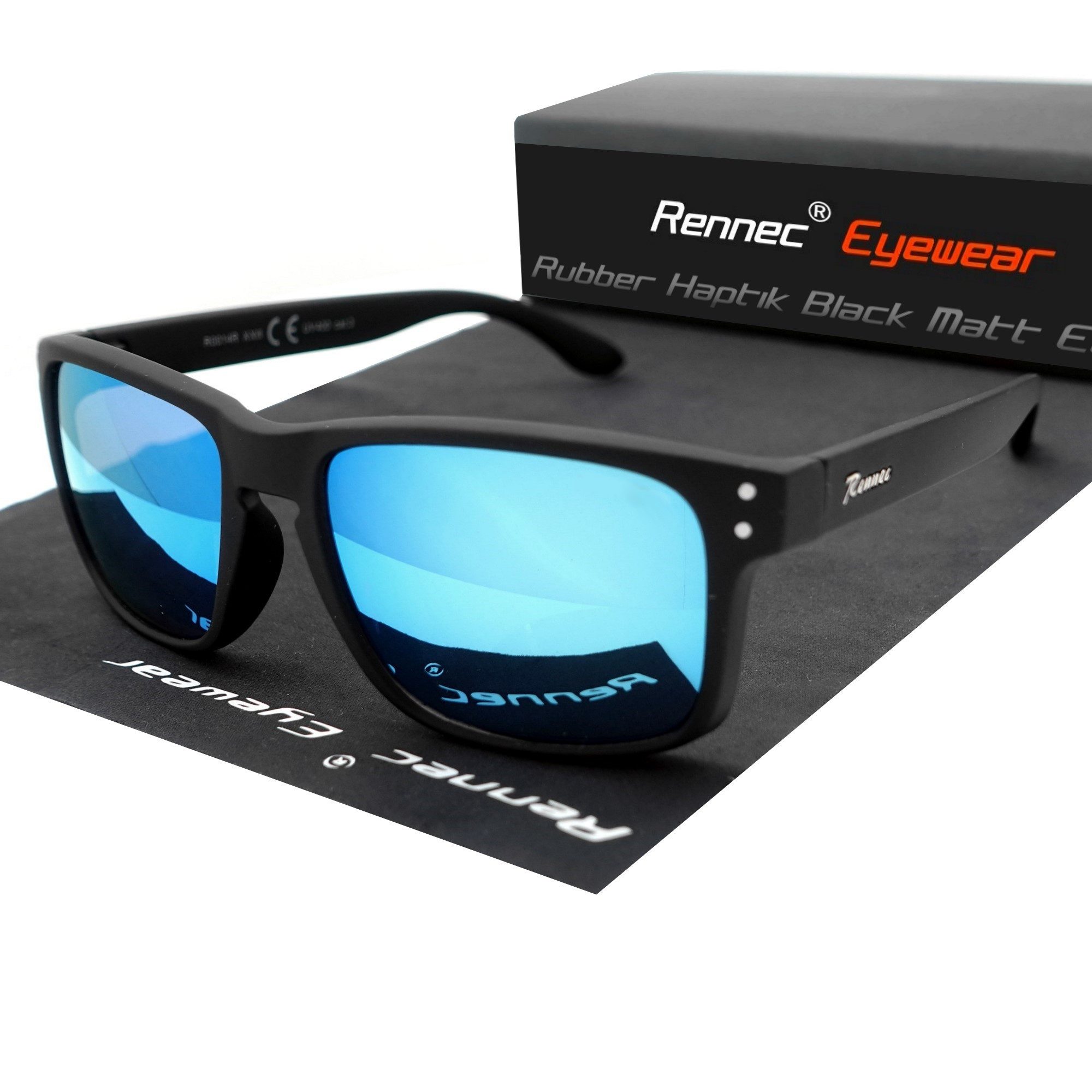 Rennec Sonnenbrille Herren Rechteckig Schwarz Matt Gläser Türkis Verspiegelt 3in2 Bügelgelenke, Hardcase, Rubber Haptik – Bild 4 von 5