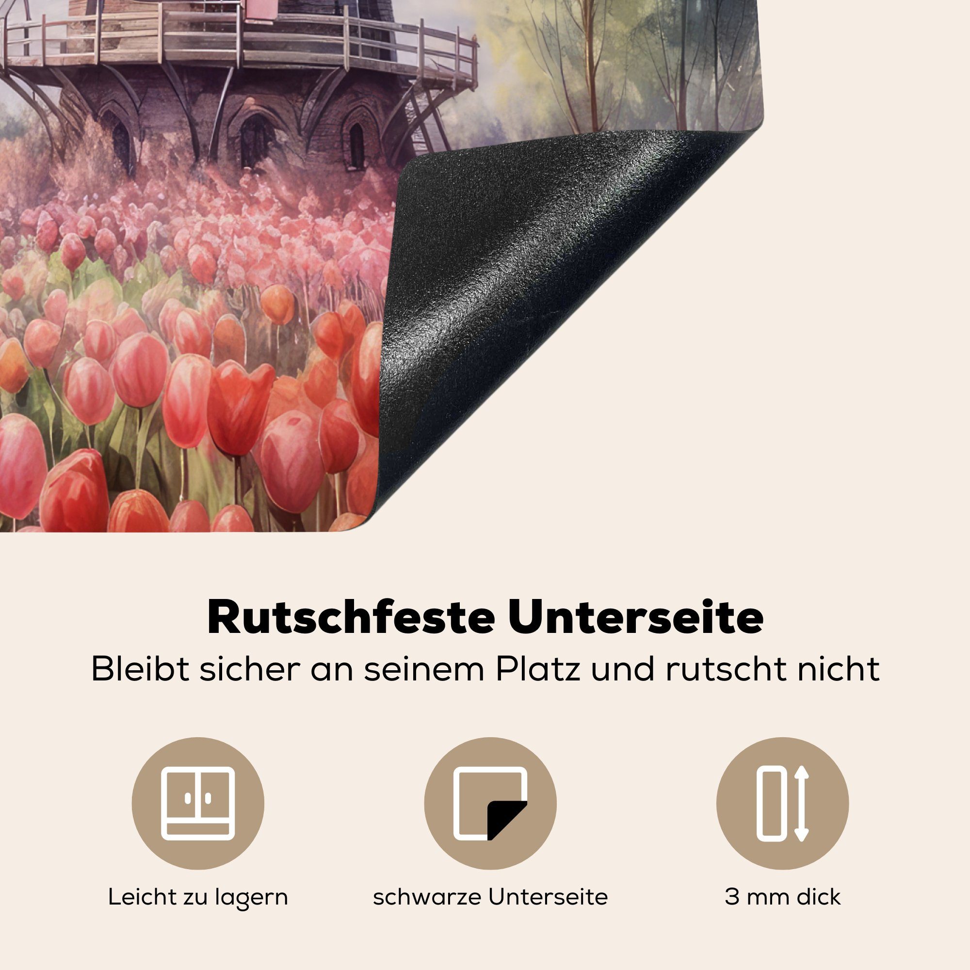 MuchoWow Herdblende-/Abdeckplatte Mühle - Tulpen - Arbeitsfläche Niederländisch, Ceranfeldabdeckung cm, (1 - Landschaft Vinyl, 60x52 Blumen tlg), nutzbar, Mobile 