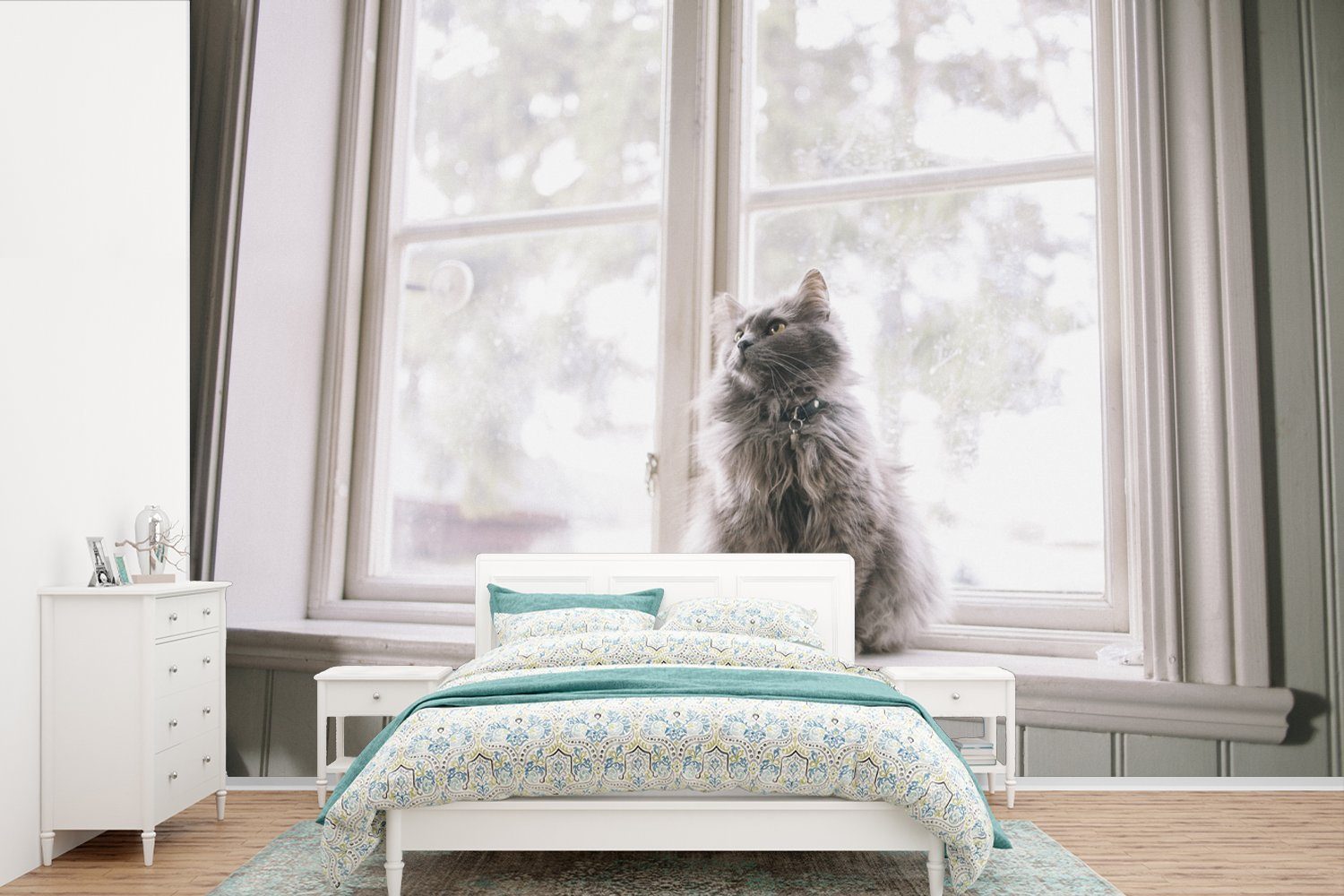 Tapete Fensterbank, (6 MuchoWow Matt, Vinyl St), Kinderzimmer, bedruckt, für sitzt Maine Coon der Schlafzimmer, Fototapete Wallpaper Wohnzimmer, Cat auf