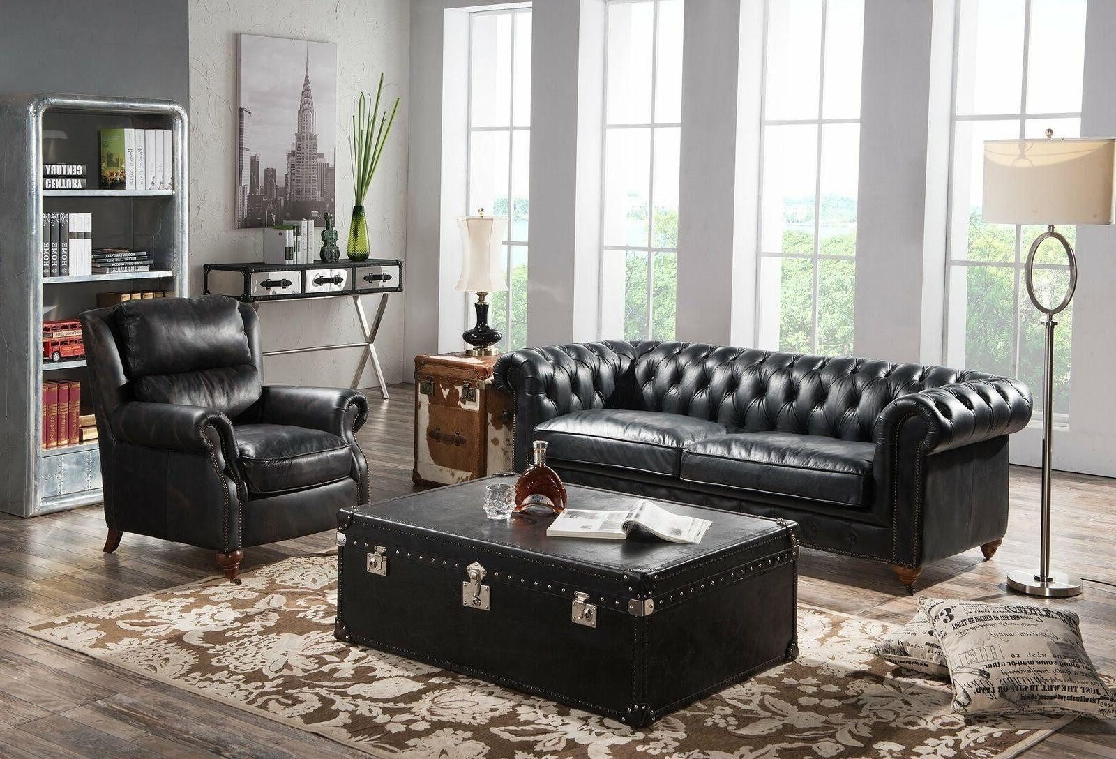 Xlmoebel Chesterfield-Sofa Schwarzes Chesterfield-Sofa mit Sessel in Vintage-Leder, Hergestellt in Europa