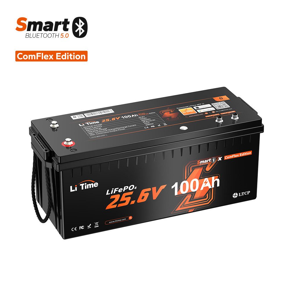 LiTime 24V 100Ah Smart ComFlex LiFePO4 Batterie mit Bluetooth Solarakkus (24 V), Victron-kompatibel, IP65 Wasserdicht, ideal für Wohnmobile, Marine