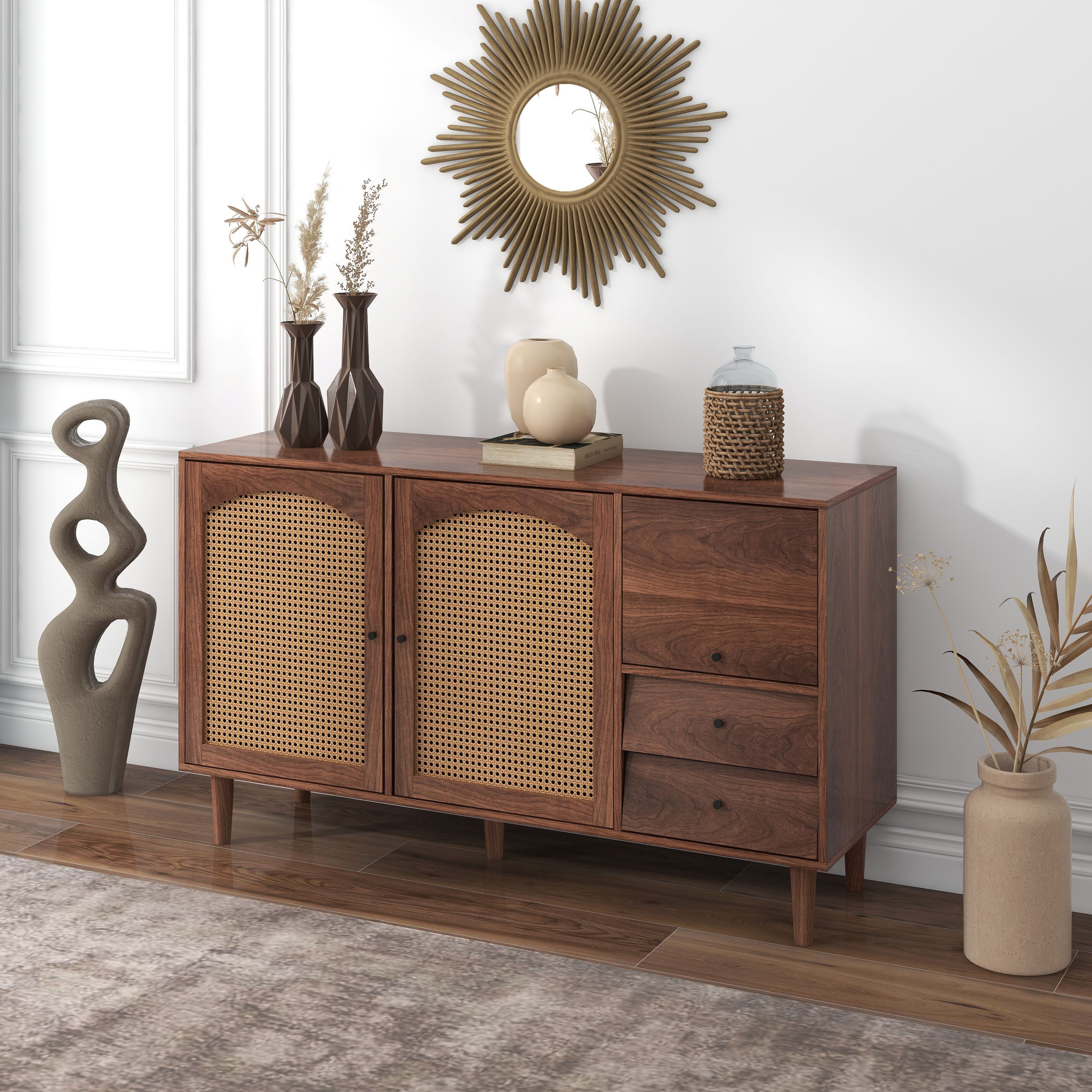 MC Star Sideboard Sideboard Mit Rattan Einsatz (Breite 130 cm, mit drei Türen und zwei unregelmäßigen Schubladen 130*75.5*40 cm)